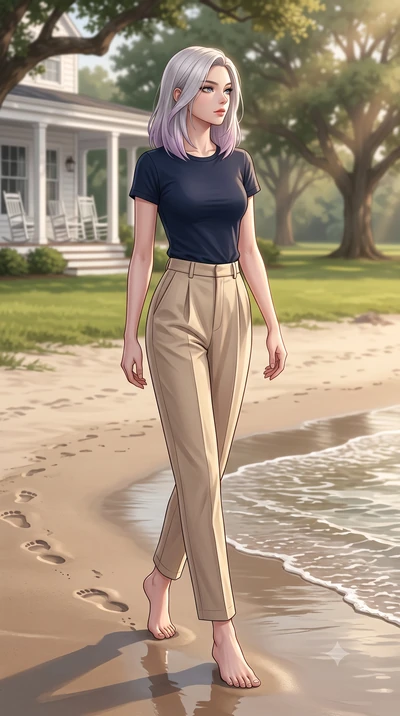 score_9, masterpiece, best quality, ultra-detailed, high-budget anime keyframe, editorial fashion photography, tasteful artistic composition, Caucasian woman woman. low angle full-body shot from head to toe showing her feet, filling the entire 9:16 v