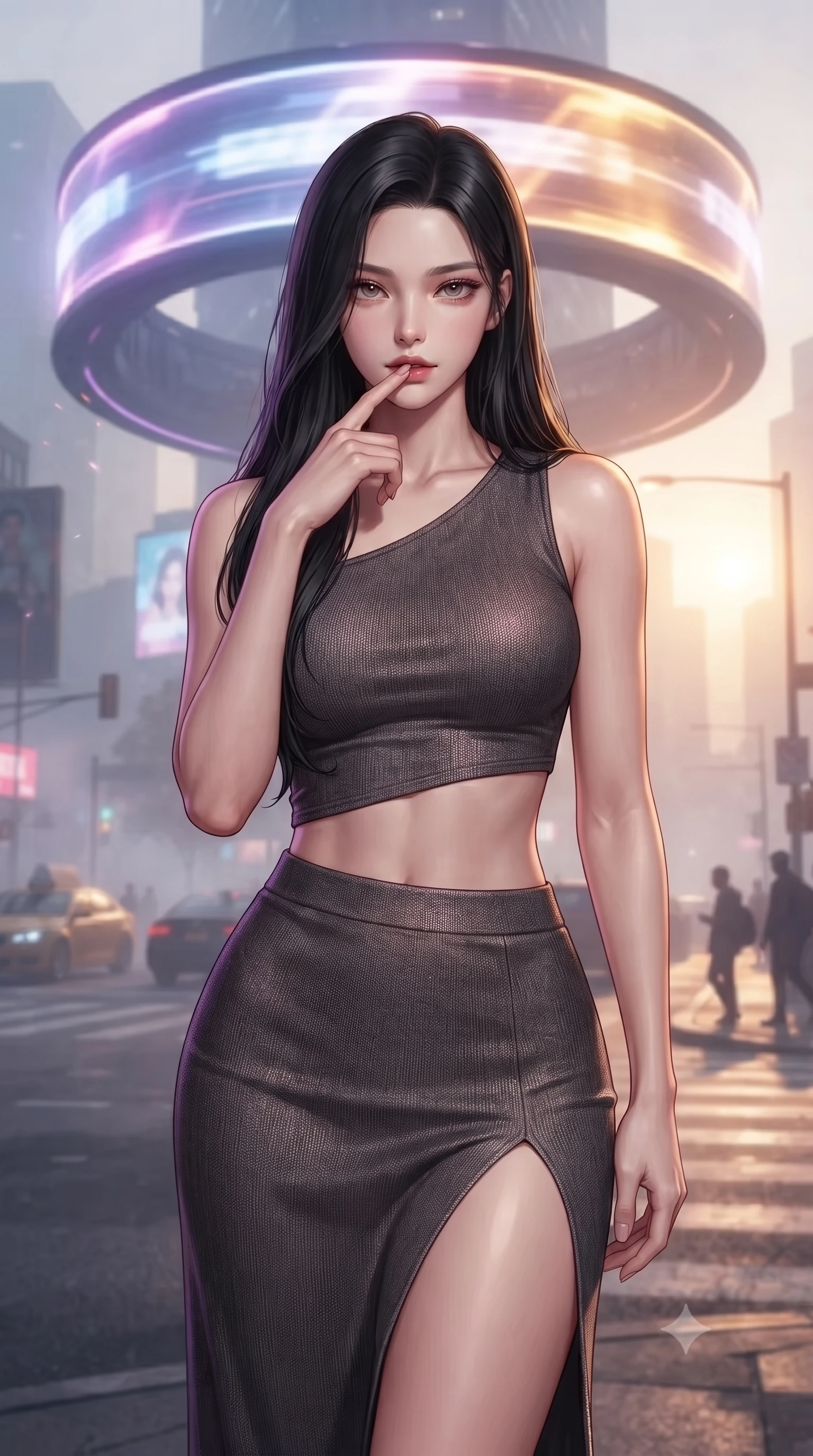 score_9, masterpiece, best quality, ultra-detailed, high-budget anime keyframe, editorial fashion photography, tasteful artistic composition, Korean woman. close-up cowboy shot from the waist and thighs up, the character dominates the composition, filling the frame with her large presence, background elements kept in soft focus. pressing one finger to her bottom lip in a thoughtful, seductive gesture under the warm sun the background shows a soft-focus a misty street intersection under a massive spinning hologram ring billboard. She has an exceptionally elegant, slender, and willowy female figure with an ultra-slim waist, a gracefully sculpted slender torso, and a refined silhouette. sharp v-shaped jawline, high-bridge nose, intricate jewel-like eyes with depth, thick eyelashes, glossy lips with a natural sheen. wearing a tailored asymmetric one-shoulder crop top in charcoal knit, paired with a high-slit skirt. rotating warm amber and cool purple lighting creating a dynamic color wash. ultra-reflective glossy finish, specular highlights, metallic sheen, high-contrast stereoscopic depth, volumetric dynamic lighting, 2k, ultra detail, master piece, 9:16 ratio
