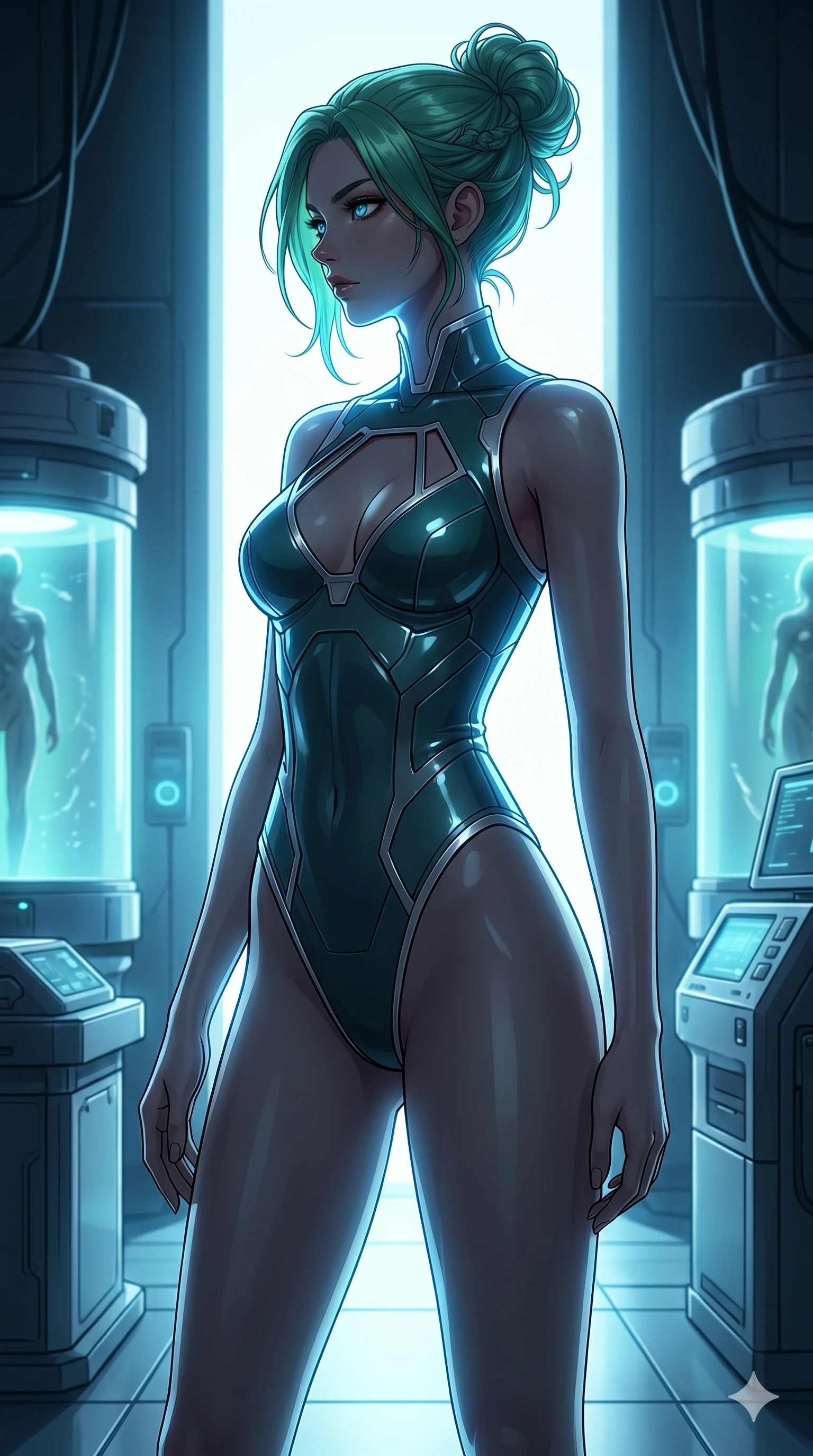 score_9, masterpiece, best quality, ultra-detailed, high-budget anime keyframe, editorial fashion photography, tasteful artistic composition, Japanese woman. cowboy shot from the thighs up, character and outfit filling the frame for maximum editorial presence. standing in a sharp profile against the light, her eyes glowing with a quiet, menacing self-assurance standing inside a bionic research lab with glowing containment pods (Scenario Code H-70). She has an absolutely perfect 8-heads proportion, an exceptionally tall and slender female figure with impossibly long slender legs and an ultra-slim waist. V-shaped jawline, high-bridge nose, intricate jewel-like eyes with depth, thick eyelashes, glossy lips with a natural sheen. wearing a cybernetic structured bodysuit featuring glossy plastic plating and geometric keyhole cutouts at the chest. lit by a cool blue bioluminescent glow from below, highlighting her jawline and shoulders. 2k, ultra detail, master piece, 9:16 ratio