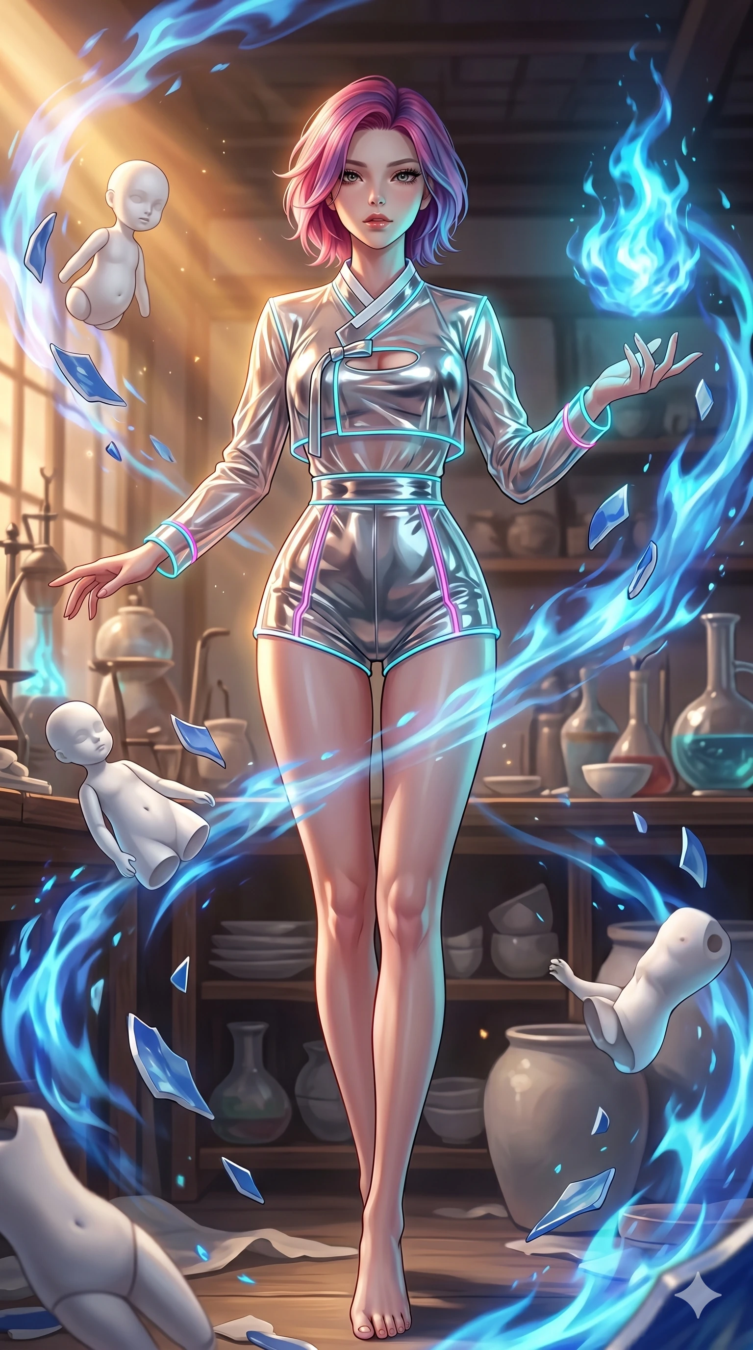 score_9, masterpiece, best quality, ultra-detailed, high-budget anime keyframe, Japanese woman. low angle full-body shot filling the entire 9:16 frame with her statuesque presence, stretching the vertical silhouette. assisting in an alchemical porcelain workshop where floating white bisque doll parts and blue porcelain shards swirl amidst blue alchemical flames. She has an absolutely perfect 8-heads proportion, an exceptionally tall and slender female figure with impossibly long slender legs and an ultra-slim waist. V-shaped jawline, high-bridge nose, intricate jewel-like eyes with depth, thick eyelashes, glossy lips with a natural sheen.. wearing a vinyl liquid mercury fusion hanbok, featuring a translucent chrome-silver vinyl jeogori and high-waist micro-shorts, detailed with glowing neon wire trims and a tasteful chest slit. showcasing a beautiful play of light and shadow, with warm golden rays clashing against cool cyan highlights. 2k, ultra detail, master piece, 9:16 ratio