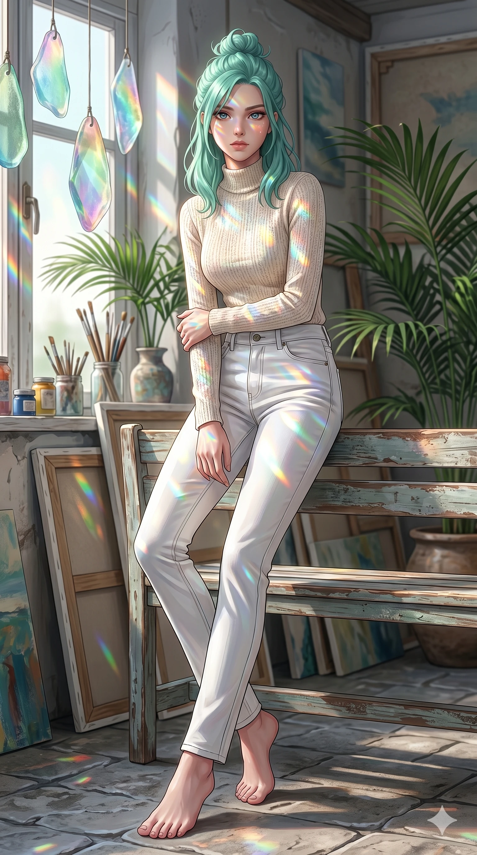 score_9, masterpiece, best quality, ultra-detailed, high-budget anime keyframe, editorial fashion photography, tasteful artistic composition, Japanese woman. low angle full-body shot from head to toe showing her feet, filling the entire 9:16 vertical frame with her statuesque presence, stretching her vertical silhouette. leaning against a rustic beach bench, looking past the camera with quiet, thoughtful intensity inside a quiet seaside atelier filled with canvases and potted palms (Code-P19-049). She has an absolutely perfect 8-heads proportion, an exceptionally tall and slender female figure with impossibly long slender legs and an ultra-slim waist. V-shaped jawline, high-bridge nose, intricate jewel-like eyes with depth, thick eyelashes, glossy lips with a natural sheen. wearing a high-neck summer knit top with long sleeves paired with white denim trousers. cascading rainbow prismatic light refracting through sea-glass, painting patterns on her body. 2k, ultra detail, master piece, 9:16 ratio