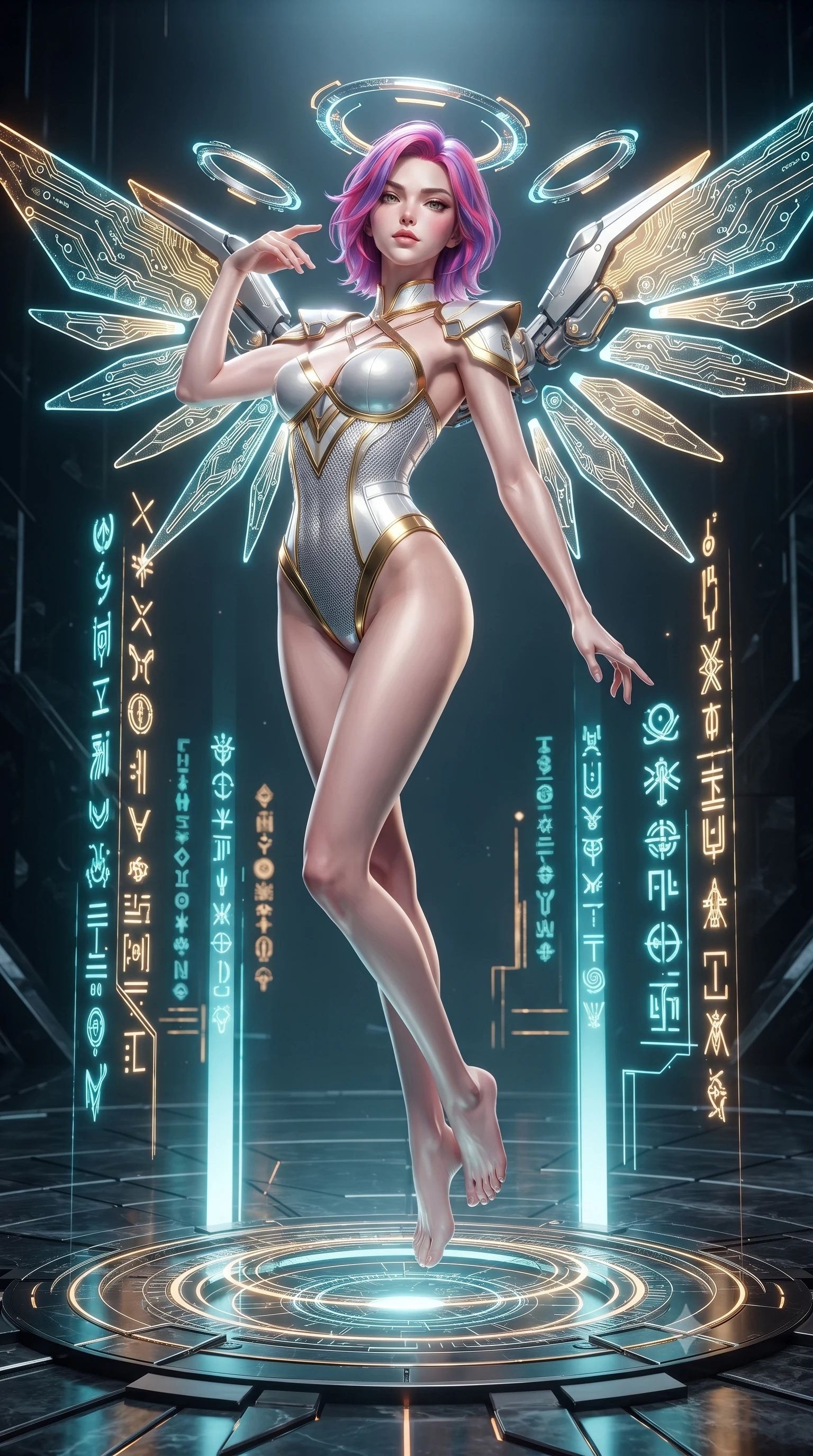 score_9, masterpiece, best quality, ultra-detailed, high-budget anime keyframe, editorial fashion photography, tasteful artistic composition, Caucasian woman. low angle full-body shot from head to toe showing her feet, filling the entire 9:16 vertical frame with her statuesque presence, stretching her vertical silhouette. arching her back gracefully in mid-air as glowing mechanical wings and floating cybernetic halos frame her statuesque presence while pausing at the center of a circular laser nexus as vertical light pillars project glowing cybernetic glyphs around her. The surrounding environment is rendered in vivid detail and crisp panoramic clarity. sharp obsidian stone edge reflections, distinct laser beam filament shafts, and granite floor reflections in deep focus. She has an absolutely perfect, statuesque 8.5-heads proportion, an exceptionally tall and slender model-like female figure with impossibly long slender legs, a toned flat midriff, and an ultra-slim waist. sharp v-shaped jawline, high-bridge nose, intricate jewel-like eyes with depth, thick eyelashes, glossy lips with a natural sheen, flawlessly proportioned anatomical accuracy, strict slender model proportions, natural body alignment, perfectly sculpted long slender limbs, ultra-slim waistline, clean dynamic posture without body distortion. wearing a structured titanium-mesh bustier with geometric shoulder pauldrons and an ultra-slender liquid jersey drape in pristine liquid pearl white and radiant solar gold trim, crafted from ultra-reflective second-skin liquid metal with a mirror-like polish, complemented by criss-cross back straps highlighting her completely bare spine, the sleek second-skin cut tightly hugging her graceful clavicle, narrow waist, and feminine curves with athletic precision. surrounded by an ultra-chic, commanding, and fiercely magnetic cyber-sovereign atmosphere. ultra-reflective glossy finish, specular highlights, dark metallic sheen, high-contrast stereoscopic depth, volumetric dynamic lighting, 2k, ultra detail, master piece, 9:16 ratio
