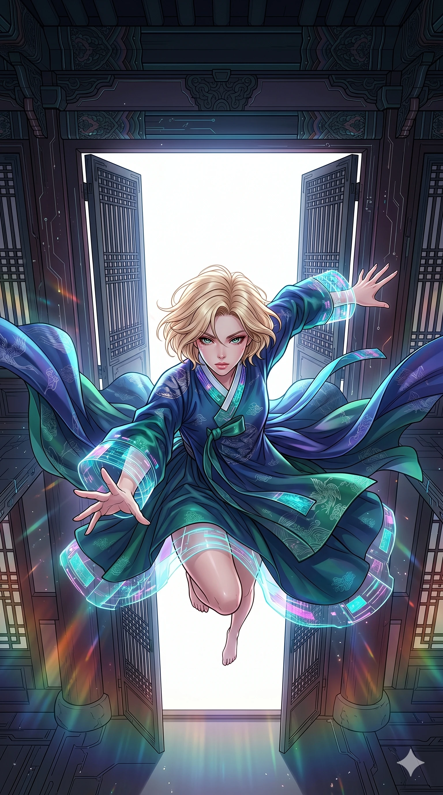 score_9, masterpiece, best quality, ultra-detailed, high-budget anime movie keyframe, cinematic anime lighting, intricate line art, Korean woman. Extreme high angle shot as she leaps towards the camera, filling the frame. looking through a doorway into a world of pure white light. She has an graceful and slender female figure with elegant proportions. strictly human anatomy, two legs only, no extra limbs, clearly defined legs and arms, well-defined anatomy, perfect hands and fingers. sharp v-shaped jawline, high-bridge nose, intricate jewel-like eyes, thick eyelashes, glossy lips. Wearing Modern Traditional: Modernized cyber-hanbok with elegant silk robes and holographic accents. The scene is illuminated by dramatic atmospheric lighting and vibrant color palettes. , 2k, ultra detail, master piece, 9:16 ratio