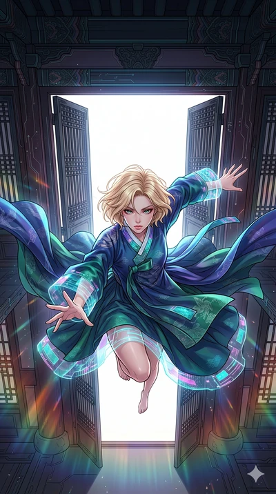 score_9, masterpiece, best quality, ultra-detailed, high-budget anime movie keyframe, cinematic anime lighting, intricate line art, Korean woman. Extreme high angle shot as she leaps towards the camera, filling the frame. looking through a doorway in