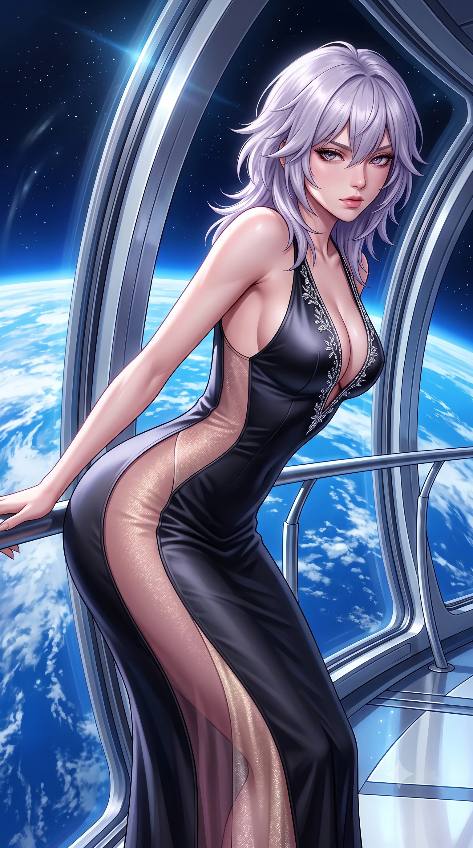 score_9, masterpiece, best quality, ultra-detailed, high-budget anime keyframe, semi-realistic 3D game render, editorial fashion photography, tasteful artistic composition, Japanese woman. close-up cowboy shot from the waist and thighs up, the character dominates the composition, filling the frame with her large presence. leaning forward against the polished railing with her hips cocked back, creating an intoxicating curve from her narrow waist to sculpted hips as she gazes back into the lens while leaning forward against the massive curved panoramic viewport overlooking the brilliant blue curve of Earth, hips cocked back in an intoxicating zero-gravity posture. The surrounding environment is rendered in vivid detail and crisp panoramic clarity. detailed aerodynamic space fabric sheen, Earth cloud filament clarity, and starlight reflections in high resolution. She has an exceptionally elegant, slender, and willowy female figure with an ultra-slim waist, flat toned midriff, narrow ribcage, and sculpted feminine hips creating an alluring, slim hourglass silhouette without bulk. sharp v-shaped jawline, high-bridge nose, intricate jewel-like eyes with depth, thick eyelashes, glossy parted lips with a natural sheen, intensely captivating and seductive bedroom-eyes expression, flawlessly proportioned anatomical accuracy, strict slender model proportions, natural body alignment, perfectly sculpted long slender limbs, ultra-slim waistline, clean dynamic posture without body distortion. wearing a second-skin black silk jersey maxi dress with asymmetrical sheer mesh side panels tracing the full curve of her hip in dusky blush rose and shimmering champagne shimmer, tailored from ultra-smooth duchess satin with a pearlescent sheen, finished with delicate crystal frost embroidery tracing the plunging neckline, the second-skin form-contouring cut accentuating her sculpted flat midriff, narrow delicate ribcage, and gracefully curvy hips with supermodel precision. surrounded by a celestial, sovereign, and breathlessly magnificent orbital empress aura. highly saturated vibrant anime colors, detailed shading with soft gradients, rich glossy textures, high-contrast stereoscopic depth, volumetric dynamic lighting, master piece, 9:16 ratio