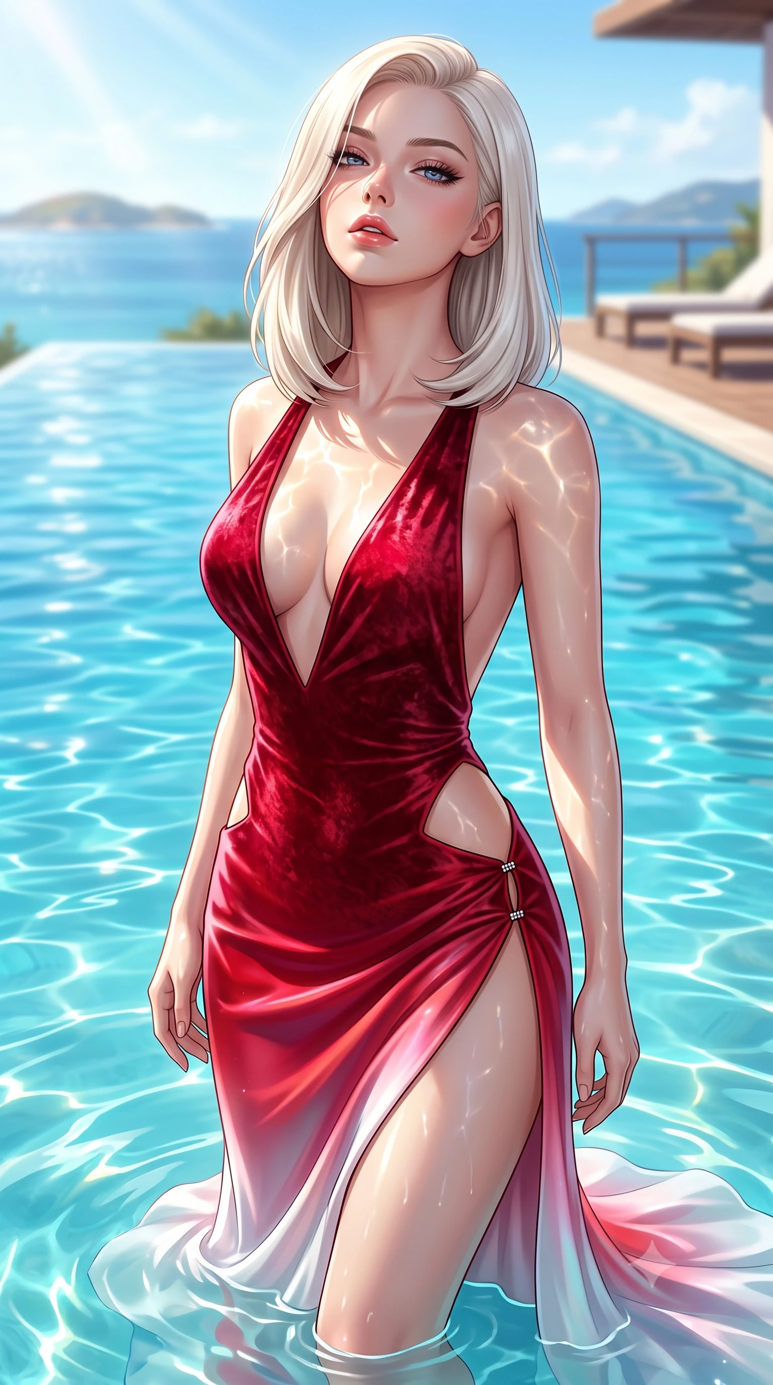 score_9, masterpiece, best quality, ultra-detailed, high-budget anime keyframe, semi-realistic 3D game render, editorial fashion photography, tasteful artistic composition, Caucasian woman. close-up cowboy shot from the waist and thighs up, the character dominates the composition, filling the frame with her large presence. tilting her head back with a sensual alluring expression, exposing her throat and shoulders to the camera with heavy lashes and softly parted glossy lips while standing waist-deep in crystal-clear turquoise pool water as radiant midday sunbeams cast dancing caustic reflections across her torso. The composition keeps background elements in soft focus with creamy bokeh. sunlit infinity pool ripples and distant island horizons softened in luminous shallow depth of field. She has an exceptionally elegant, slender, and willowy female figure with an ultra-slim waist, a gracefully sculpted slender torso, toned flat midriff, and a refined slim silhouette. sharp v-shaped jawline, high-bridge nose, intricate jewel-like eyes with depth, thick eyelashes, glossy lips with a natural sheen, flawlessly proportioned anatomical accuracy, strict slender model proportions, natural body alignment, perfectly sculpted long slender limbs, ultra-slim waistline, clean dynamic posture without body distortion. wearing a backless crimson crushed velvet gown with a deep plunging V-neckline, strategic hip cutouts, and an ultra-high thigh slit in radiant crimson silk and crisp snow white, made of smooth iridescent silk chiffon that shifts colors with movement, finished with an ultra-high side slit secured by miniature magnetic clasps, the form-contouring material adhering flawlessly to her sculpted flat midriff and slender torso, emphasizing her long leg lines and perfectly proportioned willowy build. bathed in brilliant Mediterranean sunlight and glittering turquoise pool water caustics. highly saturated vibrant anime colors, detailed shading with soft gradients, rich glossy textures, high-contrast stereoscopic depth, volumetric dynamic lighting, master piece, 9:16 ratio