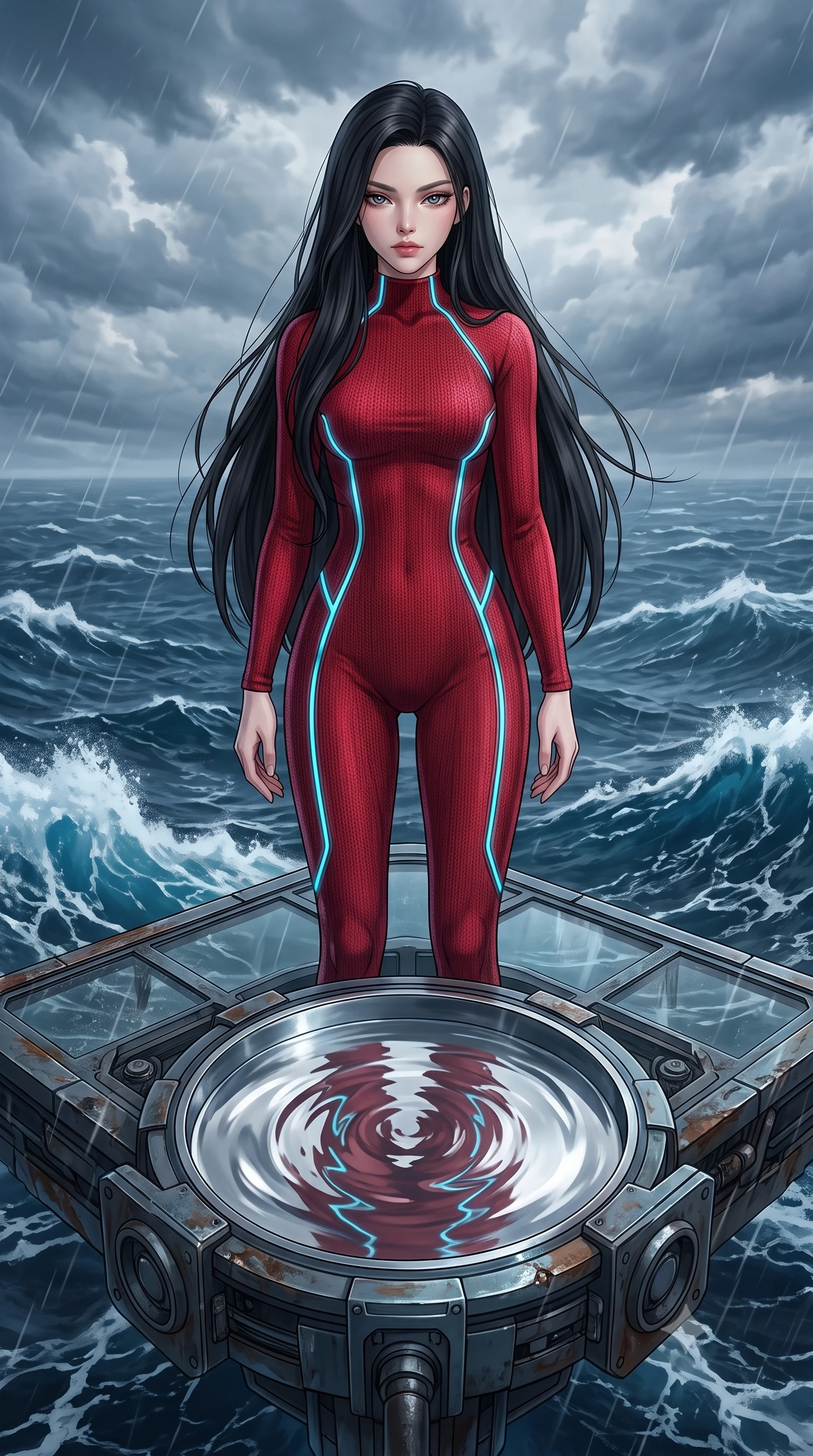 score_9, masterpiece, best quality, ultra-detailed, High-budget Anime Keyframe, East Asian woman. Low angle cowboy shot filling the entire 9:16 frame with her statuesque presence. Scenario 424: gazing at her reflection in a pool of liquid silver in a floating platform suspended over a stormy sea of dark blue water. Her presence is magnetic and overpowering in this high-budget anime scene. Outfit 424: a slim-fit crimson red bodycon knit catsuit featuring a refined mock-neck collar and glowing LED seams. The clothing is designed to emphasize her exceptionally tall and slender 8-heads proportion. 8-heads proportion, towering silhouette, ultra-slim waist. sharp v-shaped jawline, intricate jewel-like eyes with depth, thick eyelashes, glossy lips. 2k, ultra detail, master piece, 9:16 ratio