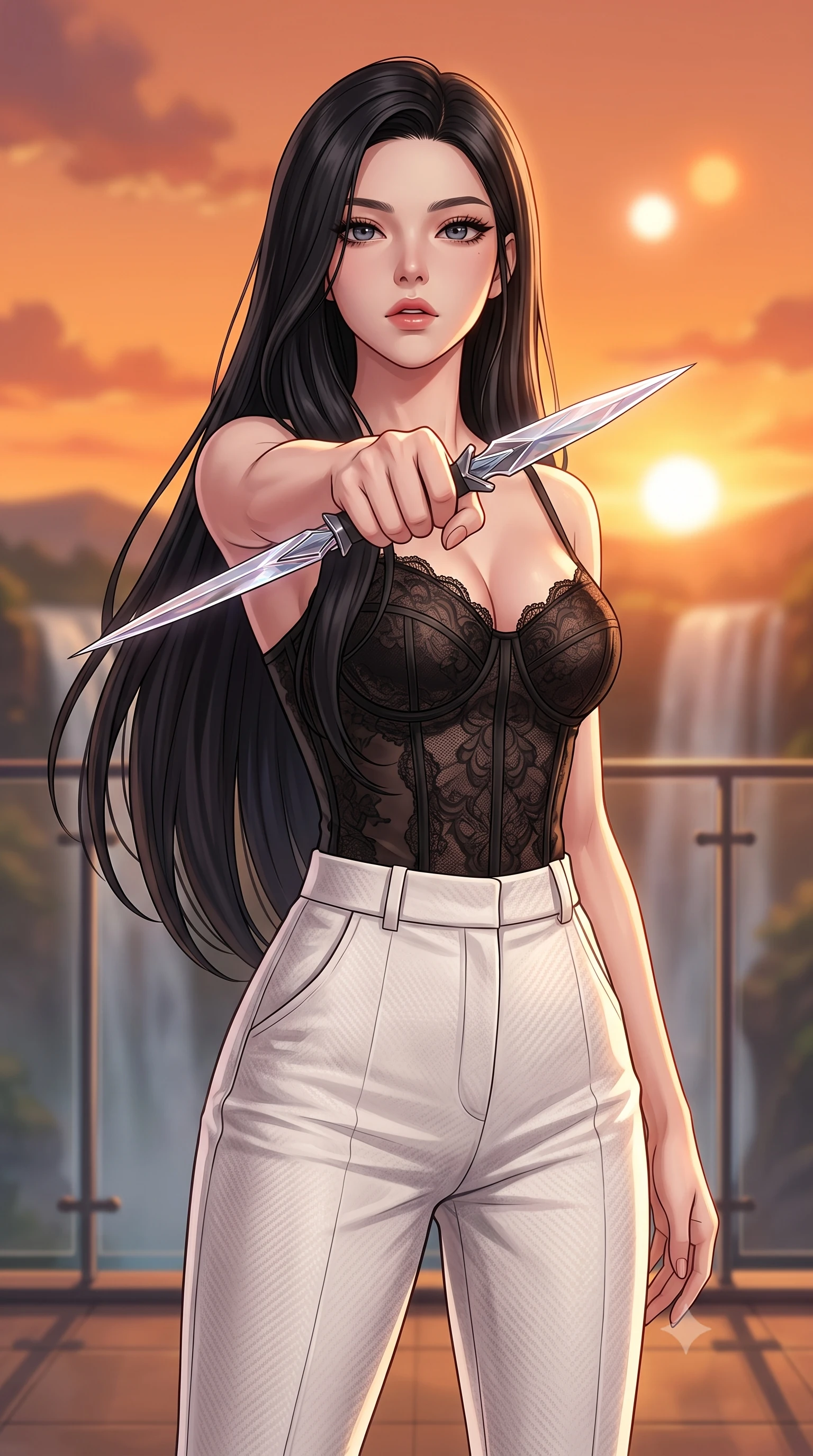 score_9, masterpiece, best quality, ultra-detailed, high-budget anime keyframe, editorial fashion photography, tasteful artistic composition, Korean woman. close-up cowboy shot from the waist and thighs up, the character dominates the composition, filling the frame with her large presence, background elements kept in soft focus. pointing a crystal-edged laser dagger forward in a defensive stance, tilting her chin up slightly with lips parted in a composed pose, the background shows a soft-focus a waterfall valley balcony with glass railings facing a binary star sunset. She has an exceptionally elegant, slender, and willowy female figure with an ultra-slim waist, a gracefully sculpted slender torso, and a refined silhouette. sharp v-shaped jawline, high-bridge nose, intricate jewel-like eyes with depth, thick eyelashes, glossy lips with a natural sheen. wearing a slim-fit delicate lace combat corset top in black silk, paired with high-waisted white carbon-weave trousers. warm sunset light casting a peaceful, cozy orange wash on her figure. highly saturated vibrant anime colors, detailed shading with soft gradients, rich glossy textures, high-contrast stereoscopic depth, volumetric dynamic lighting, master piece, 9:16 ratio