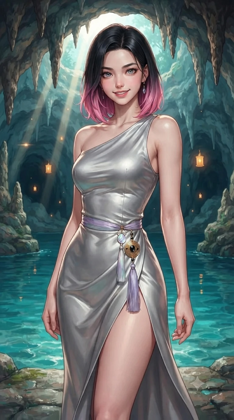score_9, masterpiece, best quality, ultra-detailed, high-budget anime keyframe, editorial fashion photography, tasteful artistic composition, Korean woman. close-up cowboy shot from the waist and thighs up, the character dominates the composition, filling the frame with her large presence. smiling with quiet, magnetic self-assurance directly into the camera, her sculpted waistline catching specular moonbeam highlights while standing poised on the wet limestone ledge inside the sea cavern, arching her lower back with sovereign siren poise as turquoise waters lap below. The surrounding environment is rendered in vivid detail and crisp panoramic clarity: sharp stalactite stone ridges, clear turquoise water surface refraction, and candle flame reflections in deep focus. She has an exceptionally elegant, slender, and willowy female figure with an ultra-slim waist, flat toned midriff, narrow ribcage, and sculpted feminine hips creating an alluring, slim hourglass silhouette without bulk. sharp v-shaped jawline, high-bridge nose, sparkling eyes with hypnotic seductive depth, thick curled eyelashes, glossy parted lips with a natural dewy peach sheen, alluring bedroom-eyes with an enchanting coquettish smile, exuding magnetic siren charisma and sophisticated glamour, flawlessly proportioned anatomical accuracy, strict slender model proportions, natural body alignment, perfectly sculpted long slender limbs, ultra-slim waistline, clean dynamic posture without body distortion. wearing an asymmetric one-shoulder liquid mercury silk dress with a dramatic hip-high wrap slit and norigae waist charm in iridescent mother-of-pearl and misty lavender, tailored from smooth liquid silk satin with a natural dewy moonlight sheen, accented with an authentic engraved gold medallion and obsidian cabochons, the impeccably tailored cut draping gracefully along her slender figure with aristocratic eastern poise. bathed in magical horizontal moonbeams penetrating through the cavern mouth meeting warm floating candle lantern glows. ultra-reflective glossy finish, specular highlights, rich textural contrasts, high-contrast stereoscopic depth, volumetric dynamic lighting, 2k, ultra detail, master piece, 9:16 ratio