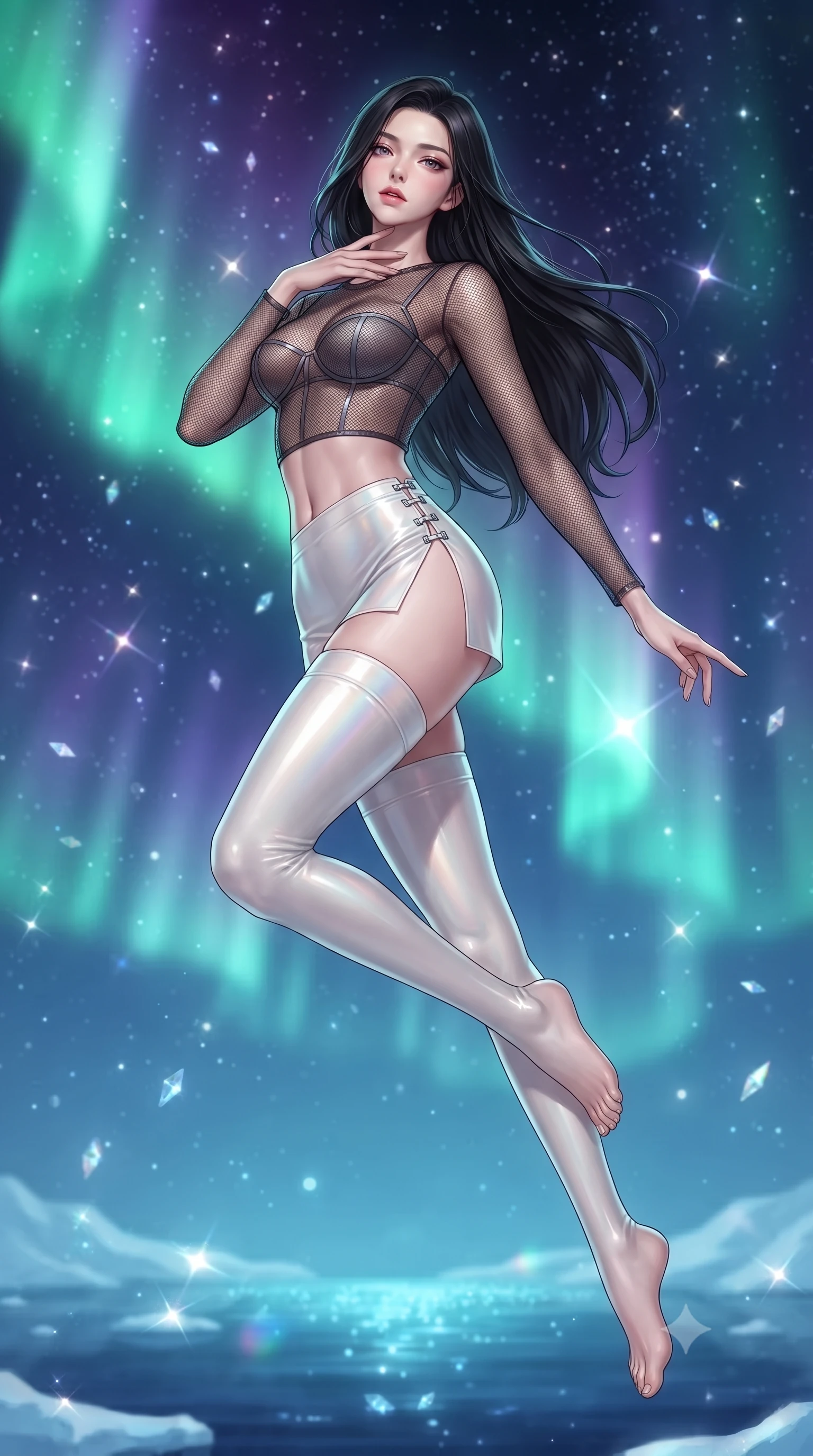 score_9, masterpiece, best quality, ultra-detailed, high-budget anime keyframe, editorial fashion photography, tasteful artistic composition, Korean woman. low angle full-body shot from head to toe showing her feet, filling the entire 9:16 vertical frame with her statuesque presence, stretching her vertical silhouette. leaping through mid-air with an athletic yet alluring arch of her spine, her impossibly long slender legs stretched in flawless poise while resting her fingers lightly against her throat with a captivating, cool gaze overlooking an endless glowing arctic sea. The composition keeps background elements in soft focus with creamy bokeh. glistening diamond dust motes scattering crystalline light across a dreamy, starlit backdrop. She has an absolutely perfect, statuesque 8.5-heads proportion, an exceptionally tall and slender model-like female figure with impossibly long slender legs, a toned flat midriff, and an ultra-slim waist. sharp v-shaped jawline, high-bridge nose, intricate jewel-like eyes with depth, thick eyelashes, glossy lips with a natural sheen, flawlessly proportioned anatomical accuracy, strict slender model proportions, natural body alignment, perfectly sculpted long slender limbs, ultra-slim waistline, clean dynamic posture without body distortion. wearing a delicate see-through dark mesh top with structured cup boning, paired with high-cut micro-shorts and thigh-high stockings in glistening liquid pearl white with rainbow opalescence, formed from high-gloss patent material with specular light reflections, finished with an ultra-high side slit secured by miniature magnetic clasps, the form-contouring material adhering flawlessly to her sculpted flat midriff and slender torso, emphasizing her long leg lines and perfectly proportioned willowy build. bathed in glowing emerald and violet aurora borealis radiance and sparkling diamond-dust refractions. ultra-reflective glossy finish, specular highlights, metallic sheen, high-contrast stereoscopic depth, volumetric dynamic lighting, 2k, ultra detail, master piece, 9:16 ratio
