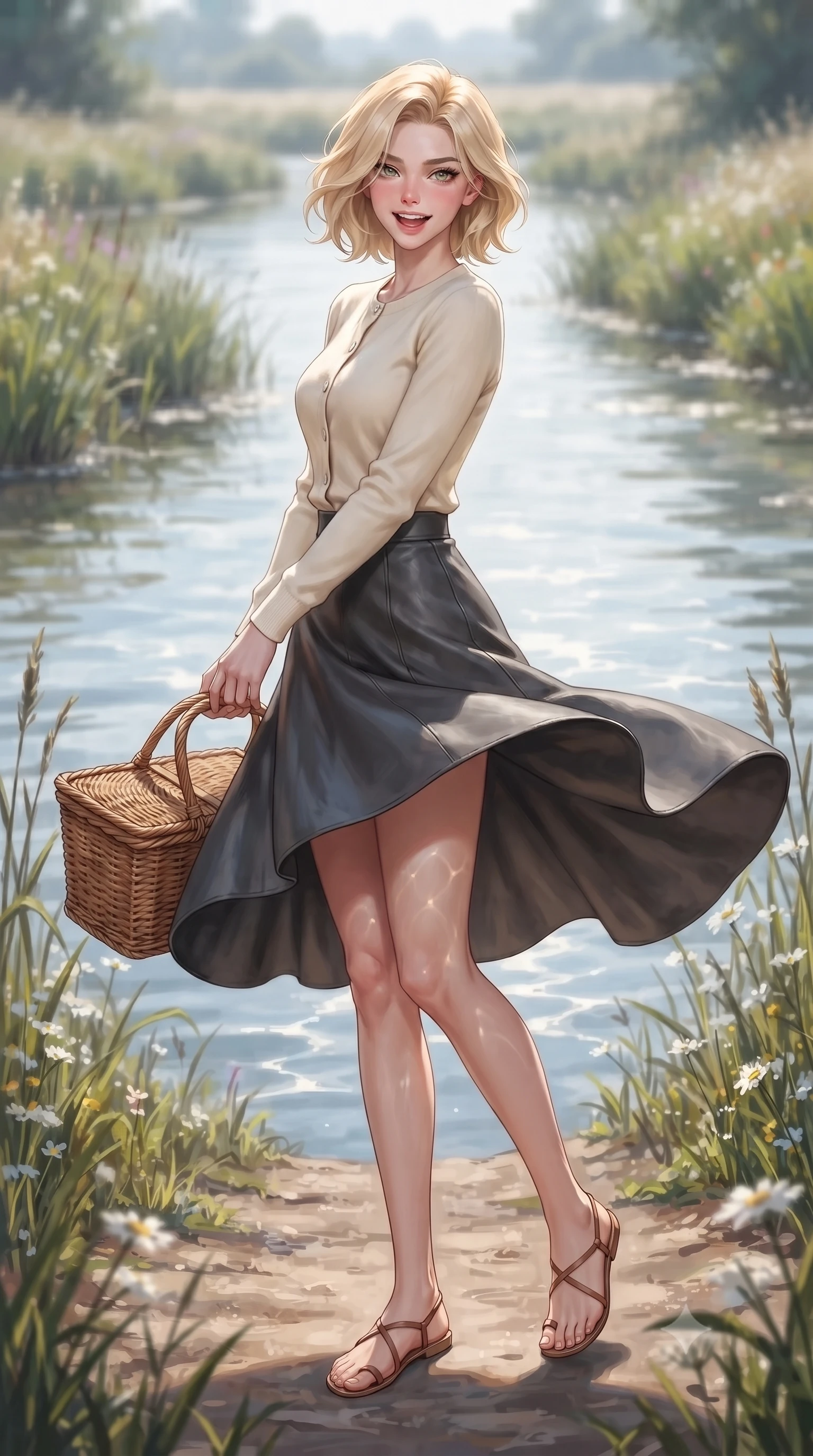 score_9, masterpiece, best quality, ultra-detailed, high-budget anime keyframe, editorial fashion photography, tasteful artistic composition, Caucasian woman. low angle full-body shot from head to toe showing her feet, filling the entire 9:16 vertical frame with her statuesque presence, stretching her vertical silhouette. twirling around with a playful, cute laugh, her skirt billowing beautifully in the air set against a soft-focus background of along a winding river path lined with reeds and wild river flowers holding a woven picnic basket with a bright, cheerful expression. She has an absolutely perfect, statuesque 8.5-heads proportion, an exceptionally tall and slender model-like female figure with impossibly long slender legs and an ultra-slim waist. sharp v-shaped jawline, high-bridge nose, intricate jewel-like eyes with depth, thick eyelashes, glossy lips with a natural sheen. wearing tailored tight-fitting cashmere cardigan closed, paired with a sleek leather midi skirt. bright daylight reflecting off the water, casting shifting ripples on her skin. highly saturated vibrant anime colors, detailed shading with soft gradients, rich glossy textures, high-contrast stereoscopic depth, volumetric dynamic lighting, master piece, 9:16 ratio