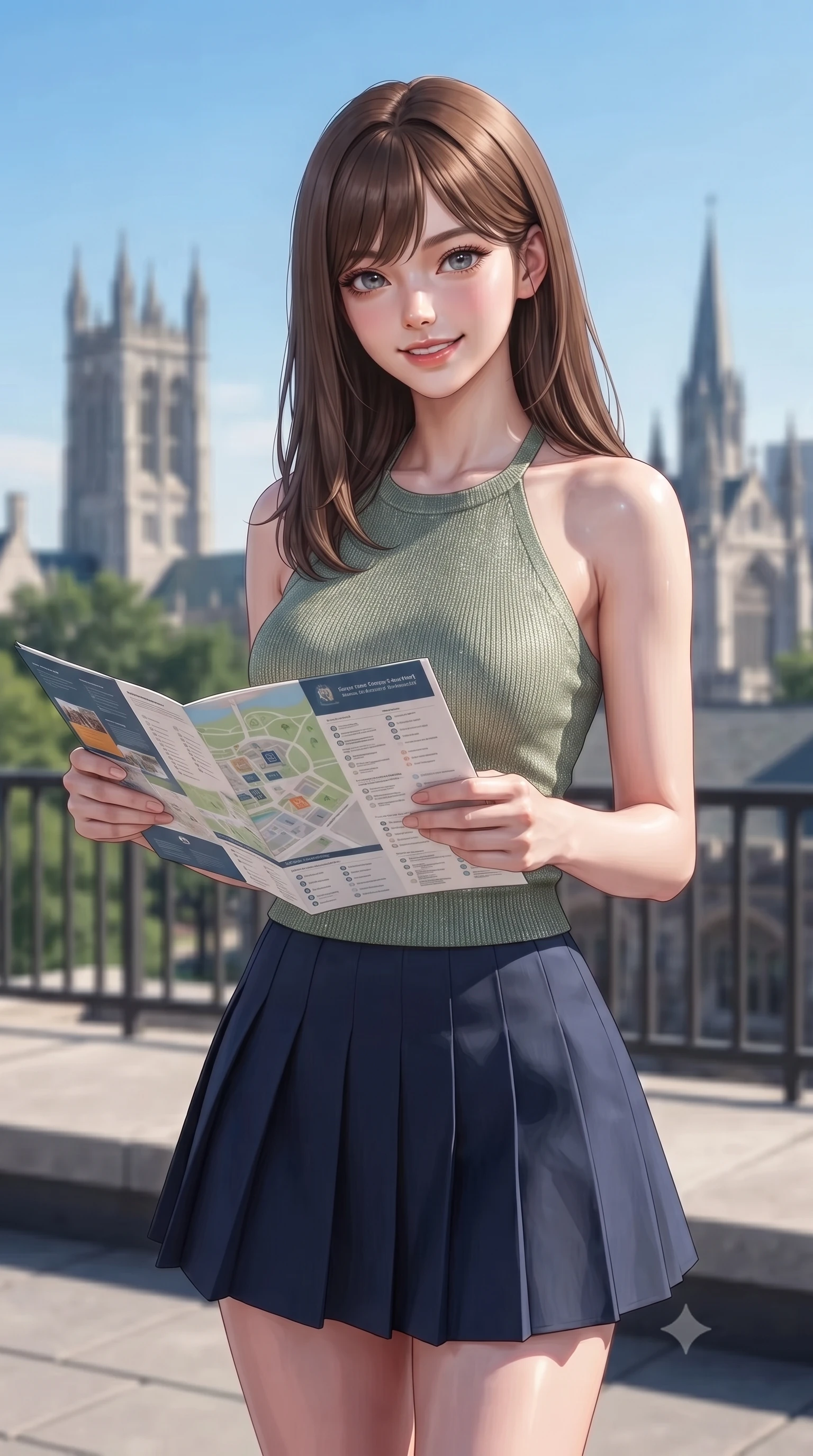 score_9, masterpiece, best quality, ultra-detailed, high-budget anime keyframe, editorial fashion photography, tasteful artistic composition, Korean woman. close-up cowboy shot from the waist and thighs up, the character dominates the composition, filling the frame with her large presence, background elements kept in soft focus. gazing at the camera with a warm, lovely smile and cute, friendly eye contact set against a soft-focus background of on a scenic campus rooftop terrace overlooking the university spires and a blue sky looking at a campus map brochure with a cheerful, curious look. She has an exceptionally elegant, slender, and willowy female figure with an ultra-slim waist, a gracefully sculpted slender torso, and a refined silhouette. sharp v-shaped jawline, high-bridge nose, intricate jewel-like eyes with depth, thick eyelashes, glossy lips with a natural sheen. wearing slim-fit tailored halter knit top in sage green, paired with a pleated mini skirt. cool morning sunlight creating a fresh, energetic ambiance. ultra-reflective glossy finish, specular highlights, metallic sheen, high-contrast stereoscopic depth, volumetric dynamic lighting, 2k, ultra detail, master piece, 9:16 ratio