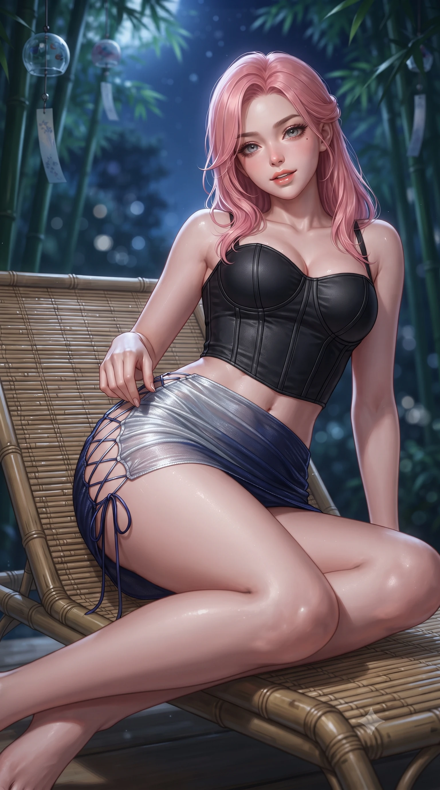 score_9, masterpiece, best quality, ultra-detailed, high-budget anime keyframe, editorial fashion photography, tasteful artistic composition, Japanese woman. close-up cowboy shot from the waist and thighs up, the character dominates the composition, filling the frame with her large presence. tilting her head with a teasing half-smile, running one hand slowly down the side of her hip in a flirtatious S-curve as ambient light caresses her silhouette while reclining gracefully on a woven bamboo chaise lounge, one knee bent to display her long slender legs and sculpted waistline. The background shows a soft-focus swaying emerald bamboo leaves, wind chimes, and deep indigo night sky blurred into seafoam, charcoal, and silver bokeh. She has an exceptionally elegant, slender, and willowy female figure with an ultra-slim waist, flat toned midriff, narrow ribcage, and sculpted feminine hips creating an alluring, slim hourglass silhouette without bulk. sharp v-shaped jawline, high-bridge nose, sparkling eyes with hypnotic seductive depth, thick curled eyelashes, glossy parted lips with a natural dewy peach sheen, alluring bedroom-eyes with an enchanting coquettish smile, exuding magnetic siren charisma and sophisticated glamour, flawlessly proportioned anatomical accuracy, strict slender model proportions, natural body alignment, perfectly sculpted long slender limbs, ultra-slim waistline, clean dynamic posture without body distortion. wearing a structured boned leatherette corset top paired with an ultra-short ruched neon mini skirt in metallic liquid silver and deep sapphire navy, made of delicate semi-sheer Korean gossamer organza with subtle pearlescent glints, featuring fine criss-cross lace-up side ties revealing tantalizing glimpses of her hip curve, the second-skin tailored fabric adhering flawlessly to her sculpted flat midriff and slender torso, emphasizing her long leg lines and perfectly proportioned willowy build. bathed in cool moonlight filtering delicately through the dense bamboo canopy. ultra-reflective glossy finish, specular highlights, rich textural contrasts, high-contrast stereoscopic depth, volumetric dynamic lighting, 2k, ultra detail, master piece, 9:16 ratio