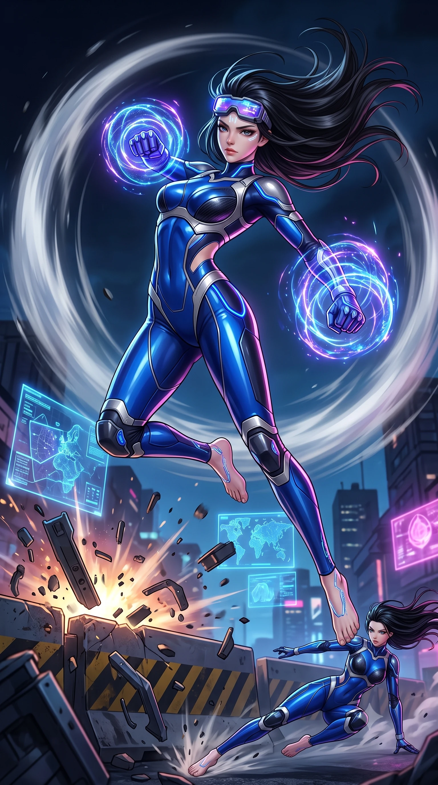 score_9, masterpiece, best quality, ultra-detailed, high-budget anime keyframe, semi-realistic 3D game render, editorial fashion photography, tasteful artistic composition, Korean woman. low angle full-body shot from head to toe showing her feet, filling the entire 9:16 vertical frame with her statuesque presence, stretching her vertical silhouette. leaping into mid-air with an athletic yet alluring arch of her spine, driving a downward kinetic strike surrounded by a ring of displaced air while sliding into a low defensive slide beneath an exploding barricade with fists wrapped in kinetic shockwave fields. The surrounding environment is rendered in vivid detail and crisp panoramic clarity. vibrant high-contrast neon warzone chiaroscuro and raw urban resistance aesthetics rendered with precision. She has an absolutely perfect, statuesque 8.5-heads proportion, an exceptionally tall and slender model-like female figure with impossibly long slender legs, a toned flat midriff, and an ultra-slim waist. sharp v-shaped jawline, high-bridge nose, intricate jewel-like eyes with depth, thick eyelashes, glossy lips with a natural sheen, fierce and resolute heroine expression, flawlessly proportioned anatomical accuracy, strict slender model proportions, natural body alignment, perfectly sculpted long slender limbs, ultra-slim waistline, clean dynamic posture without body distortion. wearing high-tech holographic tactical goggles resting tipped up on her forehead, casting glowing neon runes across her brow without obscuring her features, paired with a form-contouring high-mobility battle-suit featuring sculpted carbon chest plating, diagonal midriff ventilation cutouts, and kinetic knee vambraces in electric cobalt blue carbon with brushed platinum tactical trim, formed from high-gloss patent carbon-plating with specular dystopian chiaroscuro reflections, accented with glowing fiber-optic telemetry conduits tracing her collarbones and hip curves, the precision-cut daring openings accentuating her delicate midriff, graceful bare collarbones, and ultra-slim feminine waistline. surrounded by a rebellious, passionate, and fiercely alluring dystopian freedom-fighter aura. rich saturated anime colors with glowing neon highlights, detailed shading with soft gradients, rich glossy textures, high-contrast stereoscopic depth, volumetric dynamic lighting, master piece, 9:16 ratio