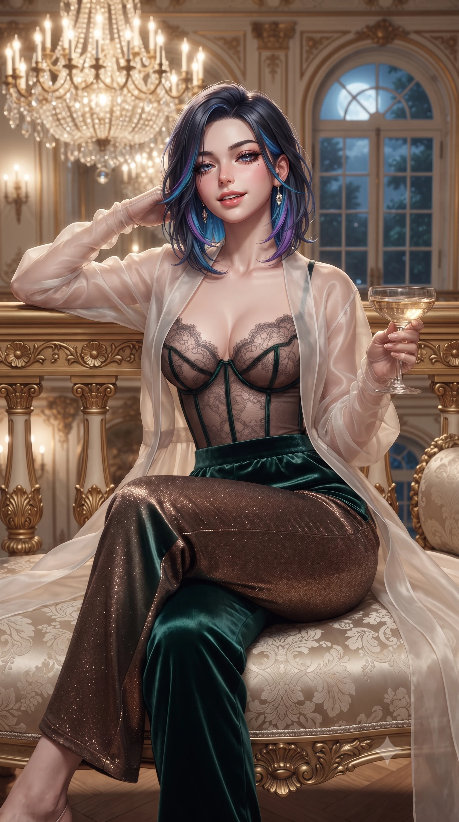 score_9, masterpiece, best quality, ultra-detailed, high-budget anime keyframe, editorial fashion photography, tasteful artistic composition, Caucasian woman. close-up cowboy shot from the waist and thighs up, the character dominates the composition, filling the frame with her large presence. leaning back against the balustrade with relaxed seductive grace, head tilted back slightly while casting a hypnotic, heavy-lidded gaze while sitting gracefully on the silk damask settee with legs crossed, holding a coupe of champagne with magnetic, teasing elegance. The background shows a soft-focus enormous antique French crystal chandeliers, carved gilded boiserie, and moonlit Central Park trees through tall arched French doors blurred into champagne, ivory, and gold bokeh. She has an exceptionally elegant, slender, and willowy female figure with an ultra-slim waist, flat toned midriff, narrow ribcage, and sculpted feminine hips creating an alluring, slim hourglass silhouette without bulk. sharp v-shaped jawline, high-bridge nose, intricate jewel-like sparkling eyes with depth, thick eyelashes, glossy parted lips with a natural peach sheen, bright cheerful beaming smile with an enchanting and coquettish sensual glint, exuding both youthful cute charm and seductive allure, flawlessly proportioned anatomical accuracy, strict slender model proportions, natural body alignment, perfectly sculpted long slender limbs, ultra-slim waistline, clean dynamic posture without body distortion. wearing a delicate translucent silk organza wrap robe worn loose over a sheer lace demi-bustier and satin tap pants in deep emerald velvet and shimmering bronze, woven from stretch metallic lurex jersey casting radiant starlight glints across her curves, complemented by sheer opera-length evening gloves tracing her slender arms, the liquid-tight tailored fabric clinging flawlessly to her narrow waist and rounded feminine hips, emphasizing every millimeter of her sculpted slim hourglass curves without any bulky heaviness. illuminated by mirror reflection fill and sharp rose-gold rim lights defining her razor-sharp jawline, narrow waist, and curvy hips. ultra-reflective glossy finish, specular highlights, rich textural contrasts, high-contrast stereoscopic depth, volumetric dynamic lighting, 2k, ultra detail, master piece, 9:16 ratio