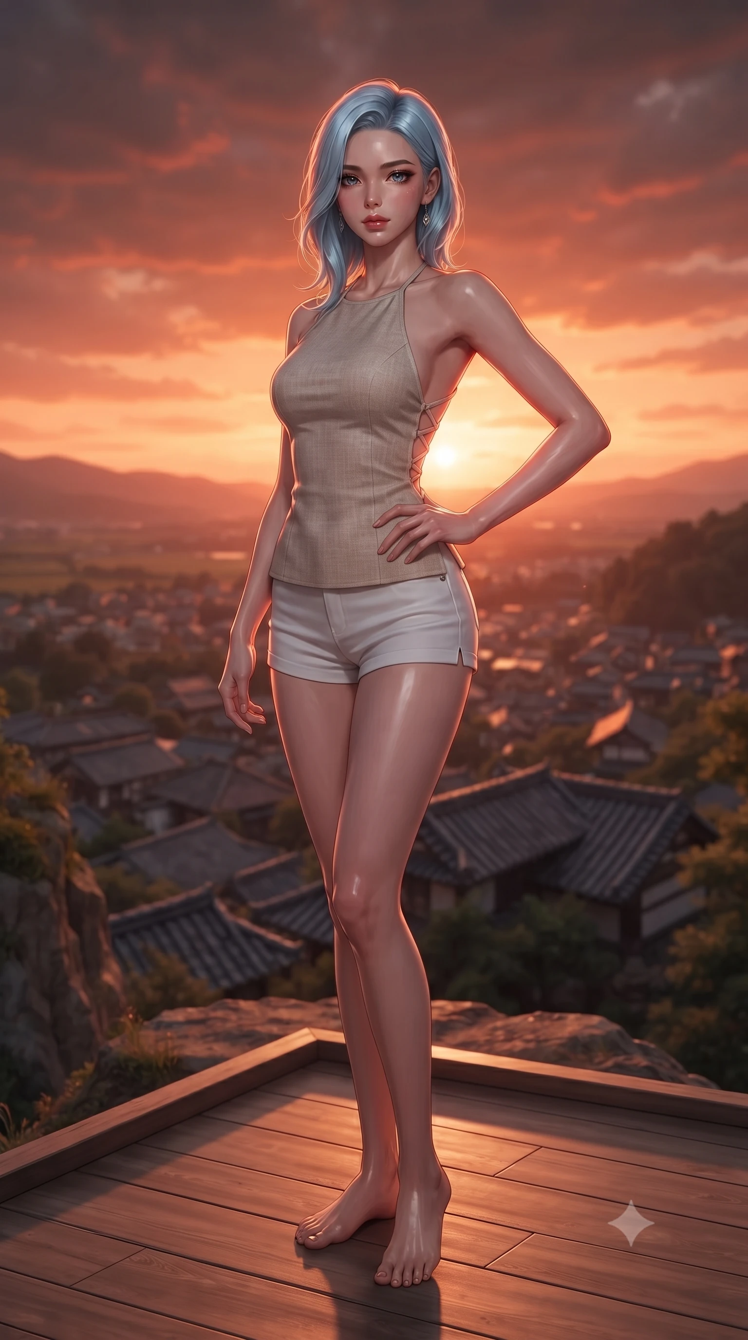 score_9, masterpiece, best quality, ultra-detailed, high-budget anime keyframe, editorial fashion photography, tasteful artistic composition, Korean woman woman. low angle full-body shot from head to toe showing her feet, filling the entire 9:16 vertical frame with her statuesque presence, stretching her vertical silhouette. standing proud on a scenic cliff overlooking the valley, her silhouette framed by the golden sky the background shows a soft-focus a simple rooftop platform with a wooden floor, looking over the tiled roofs of the town. She has an absolutely perfect, statuesque 8.5-heads proportion, an exceptionally tall and slender model-like female figure with impossibly long slender legs and an ultra-slim waist. sharp v-shaped jawline, high-bridge nose, intricate jewel-like eyes with depth, thick eyelashes, glossy lips with a natural sheen. wearing a slim-fit stylish linen halter top with an open-back design, paired with white micro-shorts. the orange and red glow of a beautiful sunset sky. ultra-reflective glossy finish, specular highlights, metallic sheen, high-contrast stereoscopic depth, volumetric dynamic lighting, 2k, ultra detail, master piece, 9:16 ratio