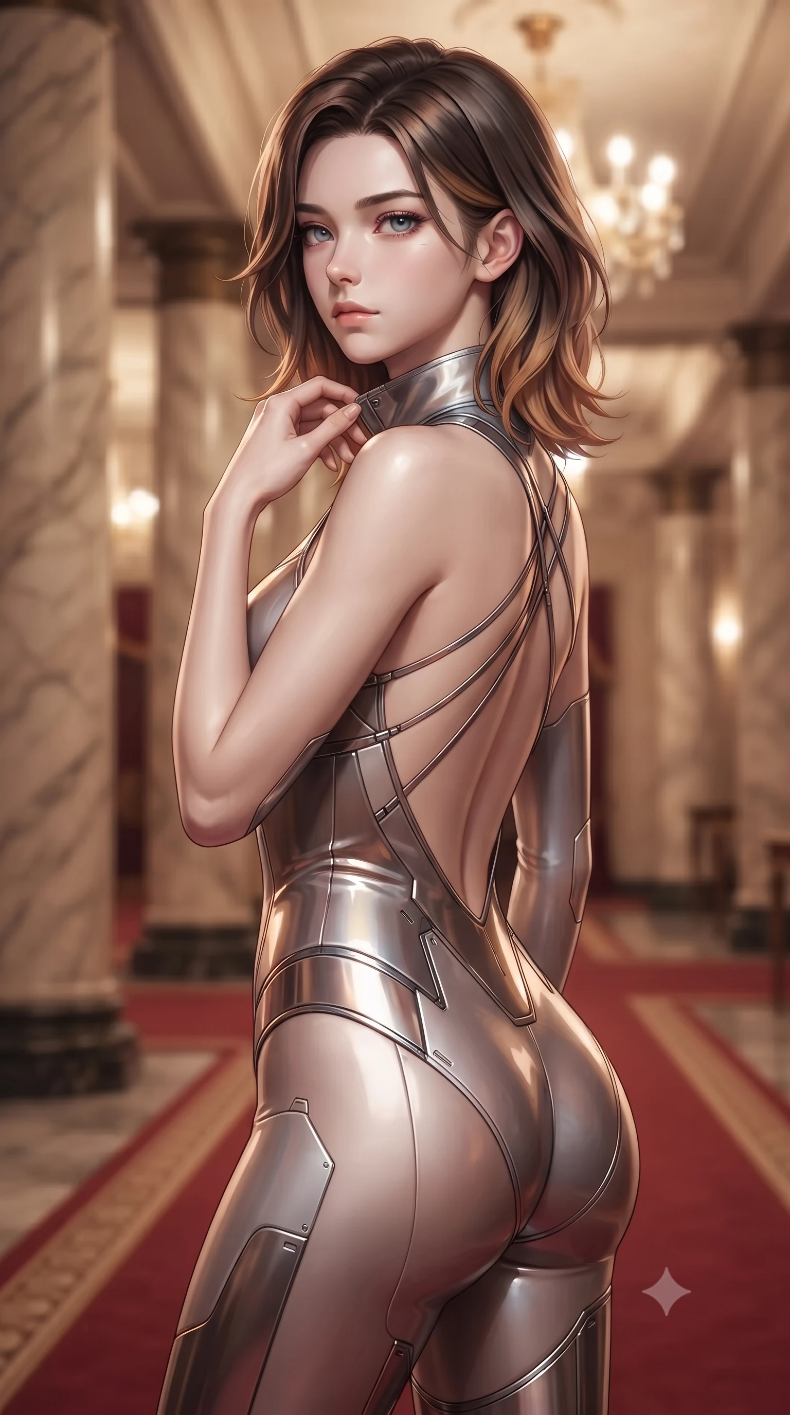 score_9, masterpiece, best quality, ultra-detailed, high-budget anime keyframe, editorial fashion photography, tasteful artistic composition, Korean woman. close-up cowboy shot from the waist and thighs up, the character dominates the composition, filling the frame with her large presence, background elements kept in soft focus. adjusting the high collar of her body-hugging suit, looking past the camera with quiet, sharp focus and a composed expression, the background shows a soft-focus a grand theater corridor with marble columns and red carpets under chandeliers. She has an exceptionally elegant, slender, and willowy female figure with an ultra-slim waist, a gracefully sculpted slender torso, and a refined silhouette. sharp v-shaped jawline, high-bridge nose, intricate jewel-like eyes with depth, thick eyelashes, glossy lips with a natural sheen. wearing a tailored low-cut cybernetic bodysuit with open-back design and thin structural straps crossing her bare shoulder blades. multiple warm ambient lights reflecting off polished marble and brass. ultra-reflective glossy finish, specular highlights, metallic sheen, high-contrast stereoscopic depth, volumetric dynamic lighting, 2k, ultra detail, master piece, 9:16 ratio