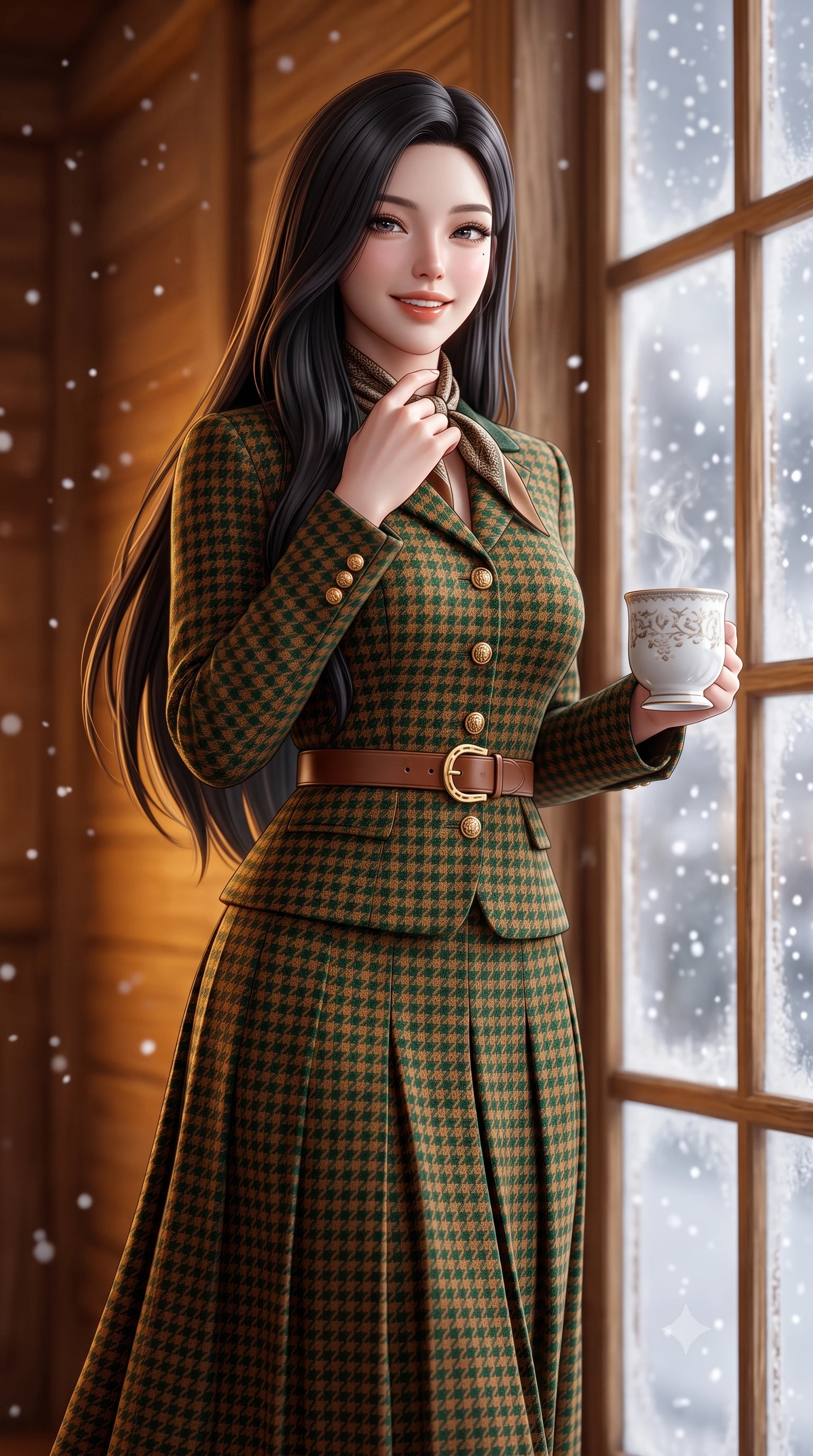 score_9, masterpiece, best quality, ultra-detailed, high-budget anime keyframe, semi-realistic 3D game render, editorial fashion photography, tasteful artistic composition, Korean woman. close-up cowboy shot from the waist and thighs up, the character dominates the composition, filling the frame with her large presence. touching her silk scarf with delicate fingertips while casting an affectionate, warm glance toward the lens while walking toward the frosted timber window with a steaming porcelain mug, looking out at the falling snowflakes with wonder. The background shows a soft-focus softly falling snowflakes outside frosted panes softened in intimate alpine winter hideaway shallow focus. She has an exceptionally elegant, slender, and willowy female figure with an ultra-slim waist, flat toned midriff, narrow ribcage, and sculpted feminine hips creating an alluring, slim hourglass silhouette without bulk. sharp v-shaped jawline, high-bridge nose, intricate jewel-like sparkling eyes with depth, thick eyelashes, glossy parted lips with a natural peach sheen, bright cheerful beaming smile with an enchanting and coquettish sensual glint, exuding both youthful cute charm and seductive allure, flawlessly proportioned anatomical accuracy, strict slender model proportions, natural body alignment, perfectly sculpted long slender limbs, ultra-slim waistline, clean dynamic posture without body distortion. wearing a structured houndstooth tweed jacket with gold embossed buttons and a matching pleated A-line midi skirt in heritage British racing green and warm cognac brown, tailored from heritage British Harris Tweed with rich multi-tonal yarn weave, finished with a smooth equestrian bridle-leather belt with a polished brass horseshoe buckle, the bespoke architectural tailoring hugging her natural waistline with sartorial precision, creating a clean graceful hourglass silhouette with tall model elegance. illuminated by honey pine wall reflection bounce and warm buttery rim lights sculpting her features and slender hourglass curves. highly saturated vibrant anime colors, detailed shading with soft gradients, rich glossy textures, high-contrast stereoscopic depth, volumetric dynamic lighting, master piece, 9:16 ratio