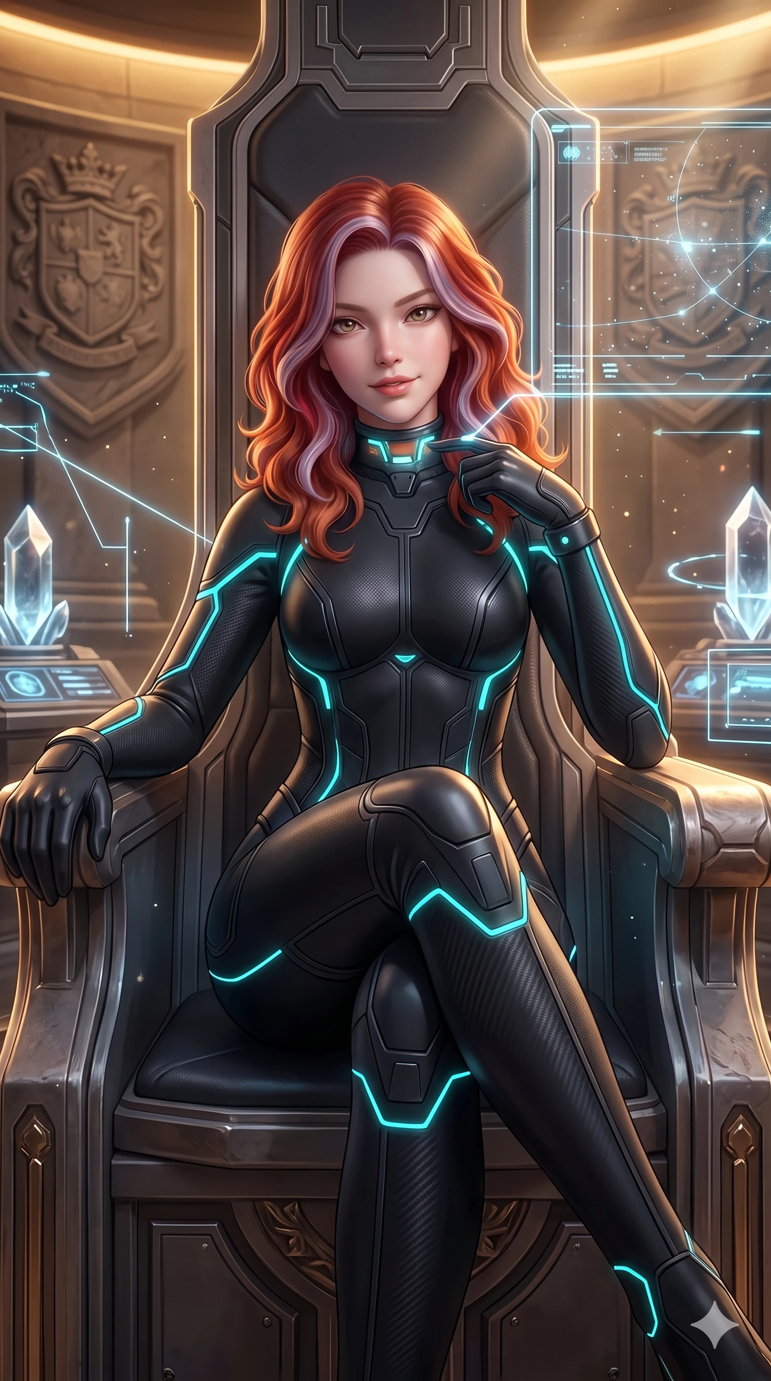 score_9, masterpiece, best quality, ultra-detailed, high-budget anime keyframe, semi-realistic 3D game render, editorial fashion photography, tasteful artistic composition, Caucasian woman. close-up cowboy shot from the waist and thighs up, the character dominates the composition, filling the frame with her large presence. tilting her head with a teasing half-smile, running one finger slowly along her glowing comm-link collar in a flirtatious gesture while sitting poised in the high-backed diplomatic throne propped on one elbow with legs crossed, flashing an enchanting, confident smile. The surrounding environment is rendered in vivid detail and crisp panoramic clarity: sharp carved stone heraldic crests, polished data crystal facet bevels, and crisp laser projection lines in deep focus. She has an exceptionally elegant, slender, and willowy female figure with an ultra-slim waist, flat toned midriff, narrow ribcage, and sculpted feminine hips creating an alluring, slim hourglass silhouette without bulk. sharp v-shaped jawline, high-bridge nose, intricate jewel-like sparkling eyes with depth, thick eyelashes, glossy parted lips with a natural sheen, bright confident smile with an enchanting and coquettish sensual glint, exuding both youthful magnetic charm and sovereign high-tech allure, flawlessly proportioned anatomical accuracy, strict slender model proportions, natural body alignment, perfectly sculpted long slender limbs, ultra-slim waistline, clean dynamic posture without body distortion. wearing a form-fitting zero-gravity EVA jumpsuit with an ultra-slim corseted waist and exposed clavicle line in matte obsidian black and glowing neon cyan trim, crafted from lightweight aerodynamic matte carbon-fiber weave with structural stiffness, complemented by strappy stiletto combat boots with metallic ankle wraps accentuating her slender calves, the glove-like clinging cut tightly following the natural contour of her hips and long slender legs with youthful 8.5-heads elegance. bathed in the prestigious warm 2800K glow of recessed golden cove lighting mixed with crisp cold white crystal data projections. highly saturated vibrant anime colors, detailed shading with soft gradients, rich glossy textures, high-contrast stereoscopic depth, volumetric dynamic lighting, master piece, 9:16 ratio
