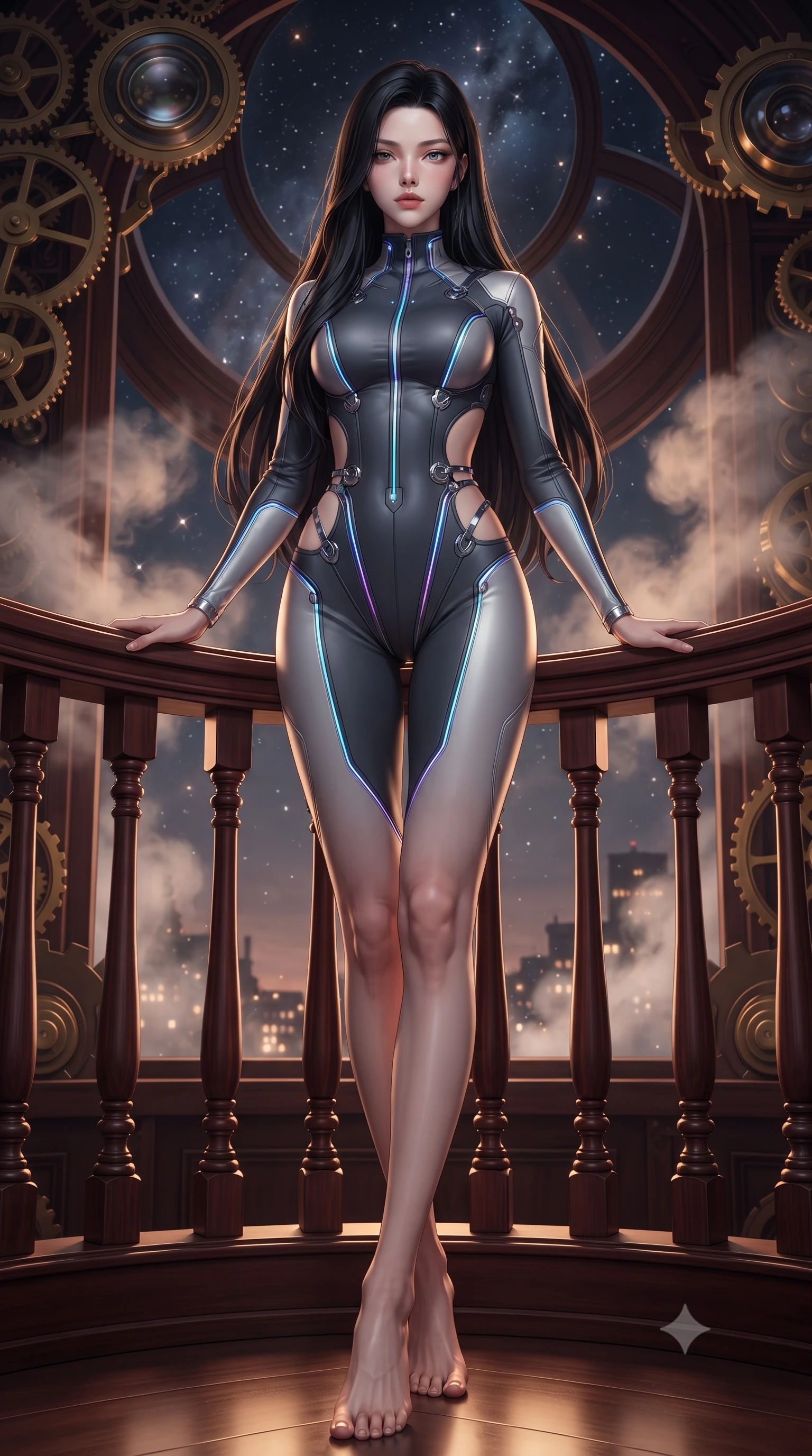 score_9, masterpiece, best quality, ultra-detailed, high-budget anime keyframe, editorial fashion photography, tasteful artistic composition, Korean woman. low angle full-body shot from head to toe showing her feet, filling the entire 9:16 vertical frame with her statuesque presence, stretching her vertical silhouette. stepping forward with proud posture, filling the vertical frame with her magnetic presence leaning against a vintage mahogany balustrade inside a mechanical observatory, distant starlight and city lights twinkling through steam clouds. She has an absolutely perfect, statuesque 8.5-heads proportion, an exceptionally tall and slender model-like female figure with impossibly long slender legs and an ultra-slim waist. sharp v-shaped jawline, high-bridge nose, intricate jewel-like eyes with depth, thick eyelashes, glossy lips with a natural sheen. wearing a skin-tight cybernetic bodysuit with glowing neon seams and side cutouts in charcoal grey and platinum, formed from sleek second-skin neoprene, accented with delicate chrome ring hardware framing her waist, the sleek second-skin texture accentuating her magnetic presence. bathed in warm twilight amber backlighting and rich metallic specular glow. highly saturated vibrant anime colors, detailed shading with soft gradients, rich glossy textures, high-contrast stereoscopic depth, volumetric dynamic lighting, master piece, 9:16 ratio