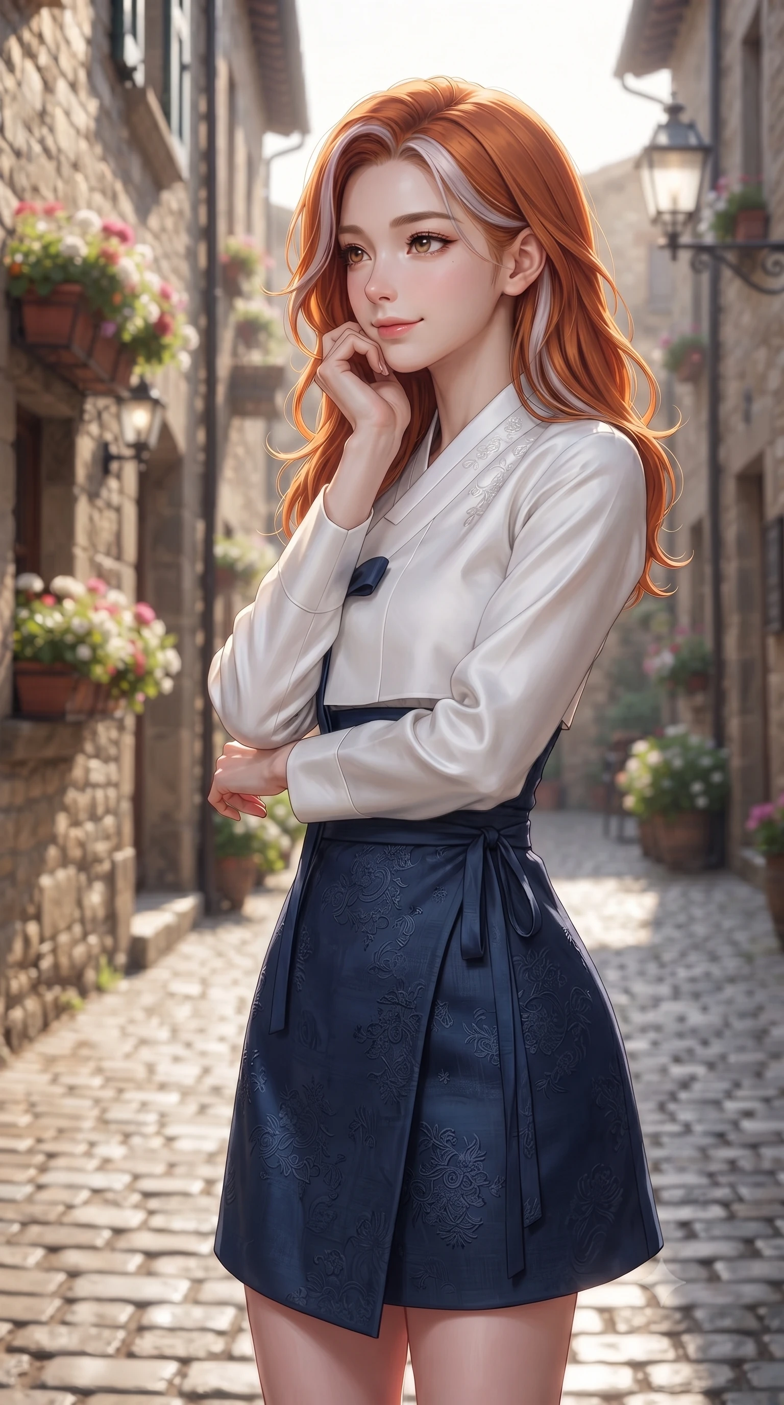 score_9, masterpiece, best quality, ultra-detailed, high-budget anime keyframe, editorial fashion photography, tasteful artistic composition, Caucasian woman woman. close-up cowboy shot from the waist and thighs up, the character dominates the composition, filling the frame with her large presence, background elements kept in soft focus. resting her chin on her hand, looking out at the beautiful scenery with a soft smile the background shows a soft-focus a narrow cobblestone street in an old European town, lined with flower boxes and street lamps. She has an exceptionally elegant, slender, and willowy female figure with an ultra-slim waist, a gracefully sculpted slender torso, and a refined silhouette. sharp v-shaped jawline, high-bridge nose, intricate jewel-like eyes with depth, thick eyelashes, glossy lips with a natural sheen. wearing a form-contouring modern fusion hanbok wrap skirt in navy blue linen, paired with a white silk jeogori. soft afternoon sunbeams reflecting off the stone walls and pavement. ultra-reflective glossy finish, specular highlights, metallic sheen, high-contrast stereoscopic depth, volumetric dynamic lighting, 2k, ultra detail, master piece, 9:16 ratio