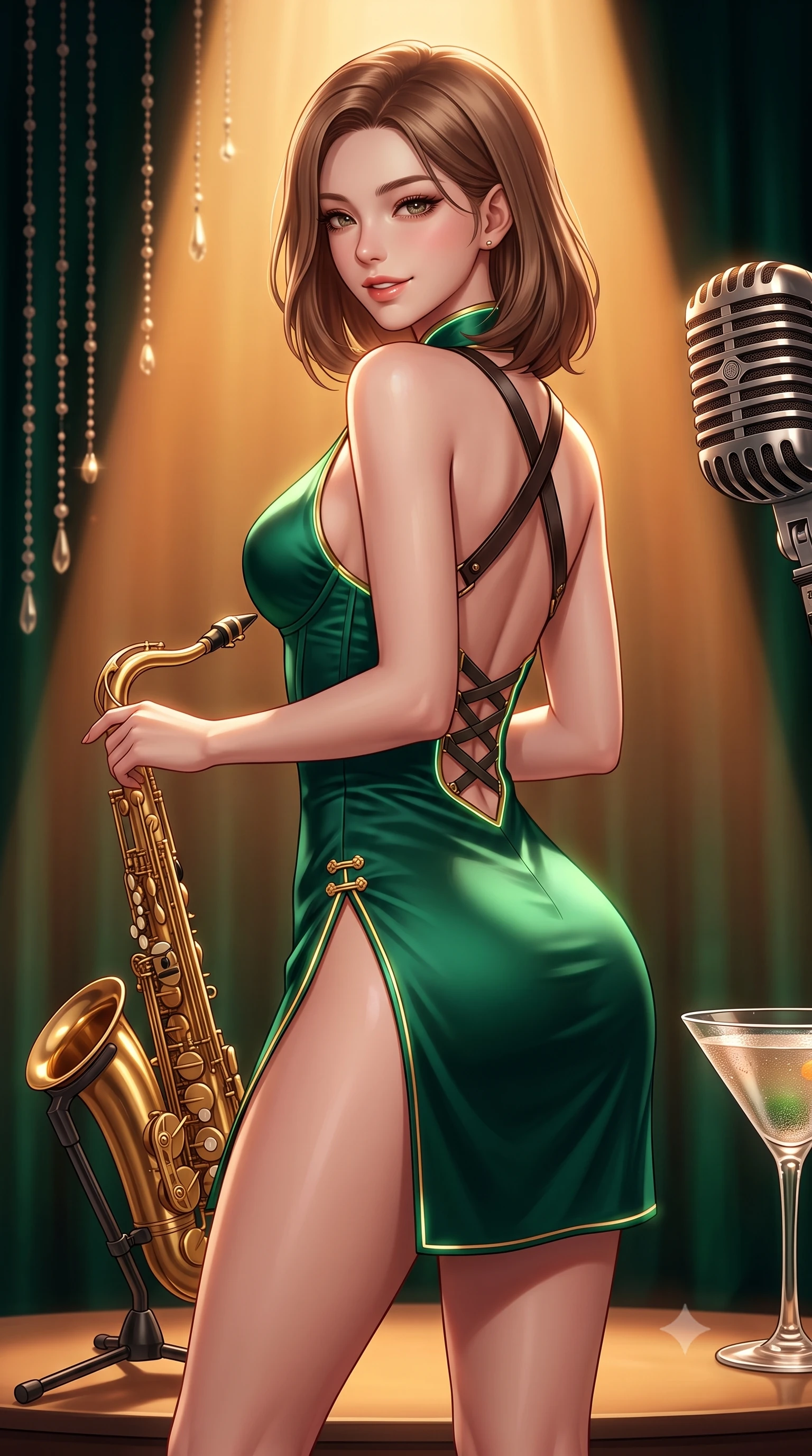 score_9, masterpiece, best quality, ultra-detailed, high-budget anime keyframe, semi-realistic 3D game render, editorial fashion photography, tasteful artistic composition, Korean woman. close-up cowboy shot from the waist and thighs up, the character dominates the composition, filling the frame with her large presence. turning over a bare shoulder with an intoxicating, teasing smile, her soft hair framing her sharp jawline as her hips angle gracefully while standing poised beside the brass saxophone stand on the low bandstand, twisting her slender torso in an alluring S-curve in the spotlight. The surrounding environment is rendered in vivid detail and crisp panoramic clarity. detailed beaded dress fringe movement, cocktail glass condensation, and vintage microphone grill in high clarity. She has an exceptionally elegant, slender, and willowy female figure with an ultra-slim waist, flat toned midriff, narrow ribcage, and sculpted feminine hips creating an alluring, slim hourglass silhouette without bulk. sharp v-shaped jawline, high-bridge nose, intricate jewel-like eyes with depth, thick eyelashes, glossy parted lips with a natural sheen, intensely captivating and seductive bedroom-eyes expression, flawlessly proportioned anatomical accuracy, strict slender model proportions, natural body alignment, perfectly sculpted long slender limbs, ultra-slim waistline, clean dynamic posture without body distortion. wearing a modernized cyber-qipao mini dress with an ultra-high side slit ascending to the hip and glowing piping in deep emerald green satin and gold hardware, made of fluid silk crepe with delicate inner corsetry boning, featuring an open-back criss-cross harness strap in dark leather, the glove-like aerodynamic silhouette tightly following the natural contour of her hips and long slender legs with statuesque 8.5-heads elegance. bathed in warm amber incandescent spotlight beams and soft emerald velvet perimeter glow. highly saturated vibrant anime colors, detailed shading with soft gradients, rich glossy textures, high-contrast stereoscopic depth, volumetric dynamic lighting, master piece, 9:16 ratio