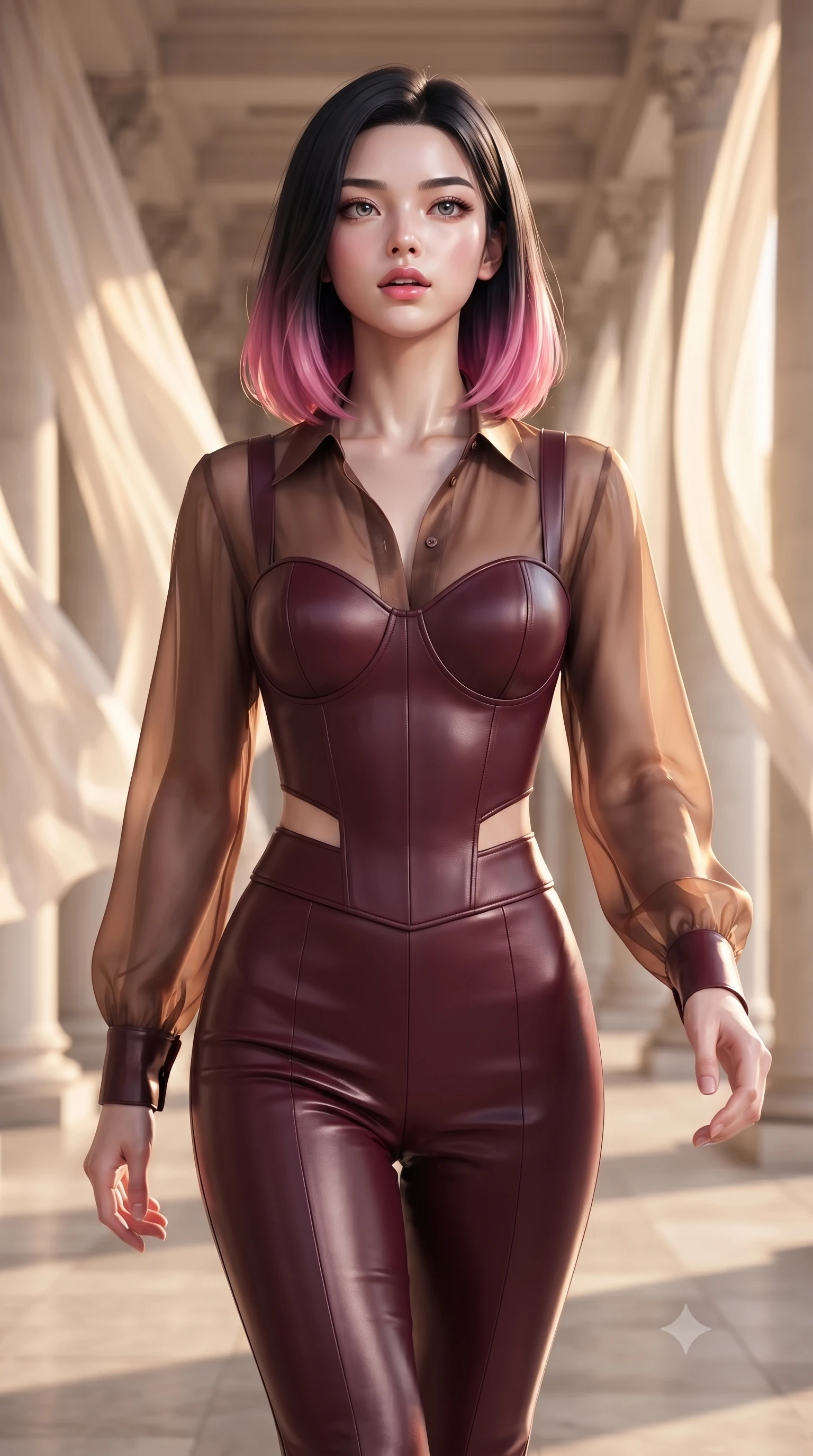 score_9, masterpiece, best quality, ultra-detailed, high-budget anime keyframe, editorial fashion photography, tasteful artistic composition, Korean woman. close-up cowboy shot from the waist and thighs up, the character dominates the composition, filling the frame with her large presence, background elements kept in soft focus. Tilting her chin up slightly with lips parted in a magnetic, composed expression walking through an open-air colonnade with billowing silk gossamer curtains, golden hour sunbursts creating a majestic rim lighting effect. She has an exceptionally elegant, slender, and willowy female figure with an ultra-slim waist, a gracefully sculpted slender torso, and a refined silhouette. sharp v-shaped jawline, high-bridge nose, intricate jewel-like eyes with depth, thick eyelashes, glossy lips with a natural sheen. wearing a tailored leather bustier over a sheer silk chiffon blouse in deep burgundy and bronze, formed from sleek second-skin neoprene, featuring subtle geometric cutouts that highlight her ultra-slim midriff, the sleek second-skin texture accentuating her magnetic presence. lit by brilliant warm key light softening into smooth, elegant gradients. ultra-reflective glossy finish, specular highlights, metallic sheen, high-contrast stereoscopic depth, volumetric dynamic lighting, 2k, ultra detail, master piece, 9:16 ratio