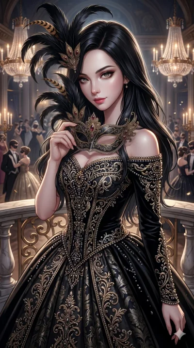 score_9, score_8_up, score_7_up, source_anime, masterpiece, best quality, ultra-detailed, same character with long flowing black hair, wearing an extravagant masquerade ball dress, upper body close-up from thigh up filling the screen, slowly lowering