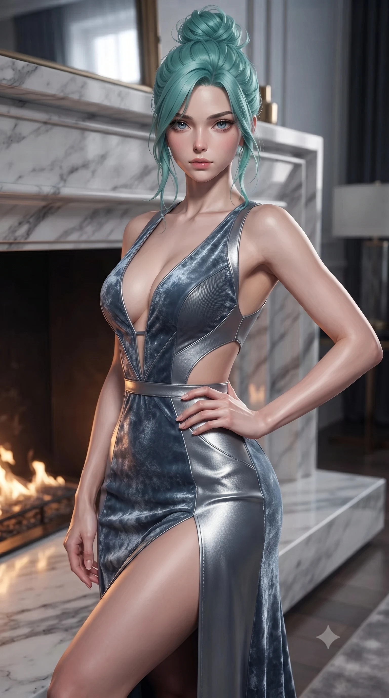 score_9, masterpiece, best quality, ultra-detailed, high-budget anime keyframe, editorial fashion photography, tasteful artistic composition, Japanese woman. close-up cowboy shot from the waist and thighs up, the character dominates the composition, filling the frame with her large presence, background elements kept in soft focus. Holding a confident power pose with one hand on her hip, gazing directly into the camera with quiet intensity resting near a sleek marble fireplace emitting soft golden hearth embers, soft moonlight tracing her slender shoulder and collarbone lines elegantly. She has an exceptionally elegant, slender, and willowy female figure with an ultra-slim waist, a gracefully sculpted slender torso, and a refined silhouette. sharp v-shaped jawline, high-bridge nose, intricate jewel-like eyes with depth, thick eyelashes, glossy lips with a natural sheen. wearing a backless crushed velvet gown with a deep V-neckline and high thigh slit in slate blue and metallic silver, made of fine carbon-fiber weave and soft matte leather, featuring clean architectural cutouts along her slender torso, the glove-like fit emphasizing her statuesque silhouette. surrounded by a cozy, intimate glow with smooth high-contrast shading. ultra-reflective glossy finish, specular highlights, metallic sheen, high-contrast stereoscopic depth, volumetric dynamic lighting, 2k, ultra detail, master piece, 9:16 ratio
