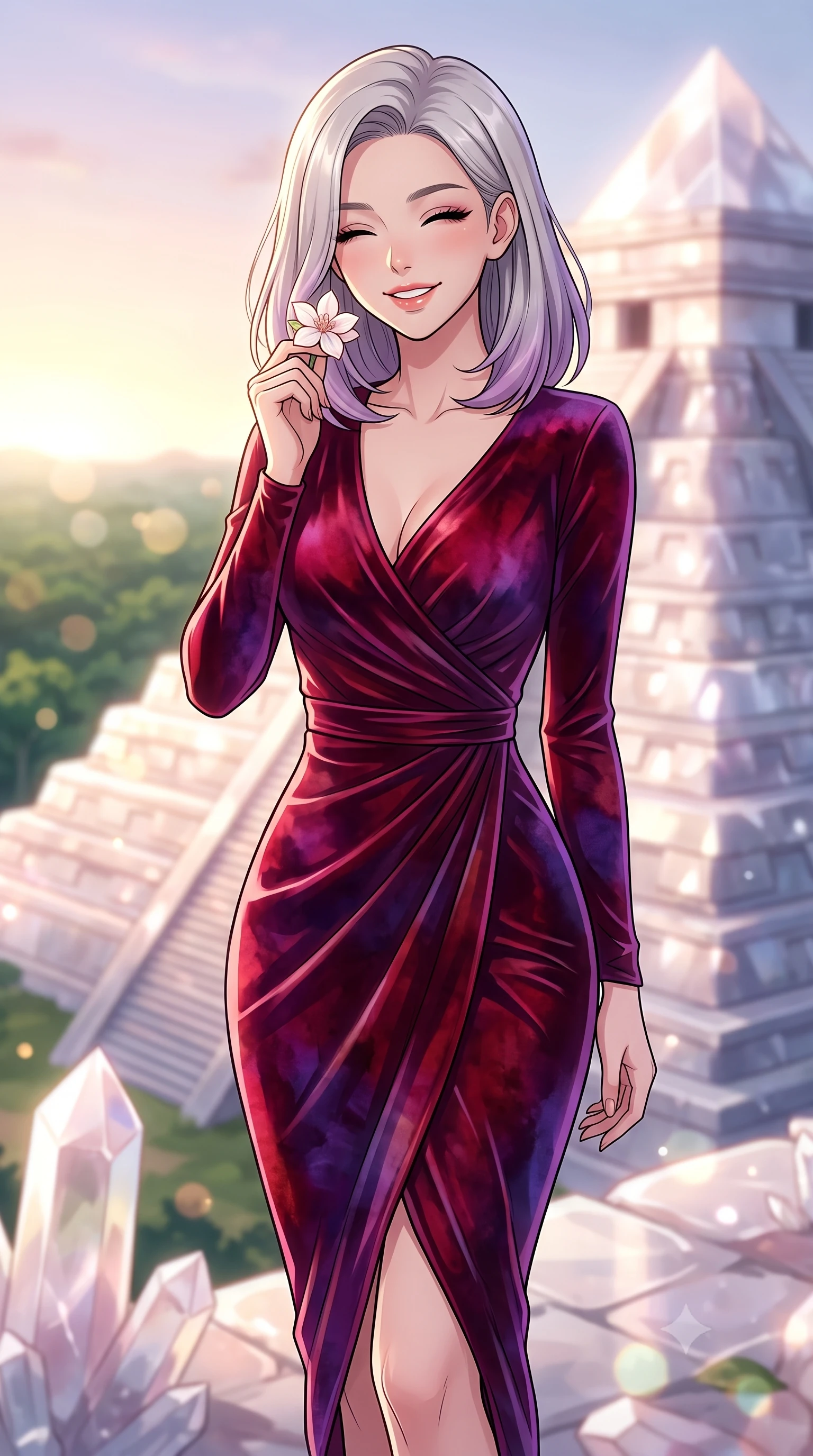 score_9, masterpiece, best quality, ultra-detailed, high-budget anime keyframe, editorial fashion photography, tasteful artistic composition, gorgeous anime illustration, with clean line-art, distinct ink outlines, and high-contrast stereoscopic depth, Caucasian woman, strictly human ears. close-up cowboy shot from the waist and thighs up, the character dominates the composition, filling the frame with her large presence, background elements kept in soft focus. Holding a delicate flower near her cheek, smiling with dreamy happiness. set against a soft-focus background of atop a Mayan step pyramid made entirely of raw white quartz crystal in the heart of the Yucatan jungle, reflecting the sunrise over the emerald canopy. She has an exceptionally elegant, slender, and willowy female figure with a highly-defined ultra-slim waist, a gracefully sculpted slender torso, and a refined slim-fit silhouette that contours her form. sharp v-shaped jawline, high-bridge nose, intricate jewel-like eyes with depth, thick eyelashes, glossy lips with a natural sheen. wearing a wrap-front fitted midi dress in deep crimson and violet watercolor velvet, drawing focus to her slender waist. soft glowing ambient light with sharp side key light tracing the sleek contours of her figure. 2k, ultra detail, master piece, 9:16 ratio, highly saturated vibrant anime colors, detailed cel-shading with soft gradients, rich glossy textures, deep contrast, volumetric dynamic lighting, 2d animation style