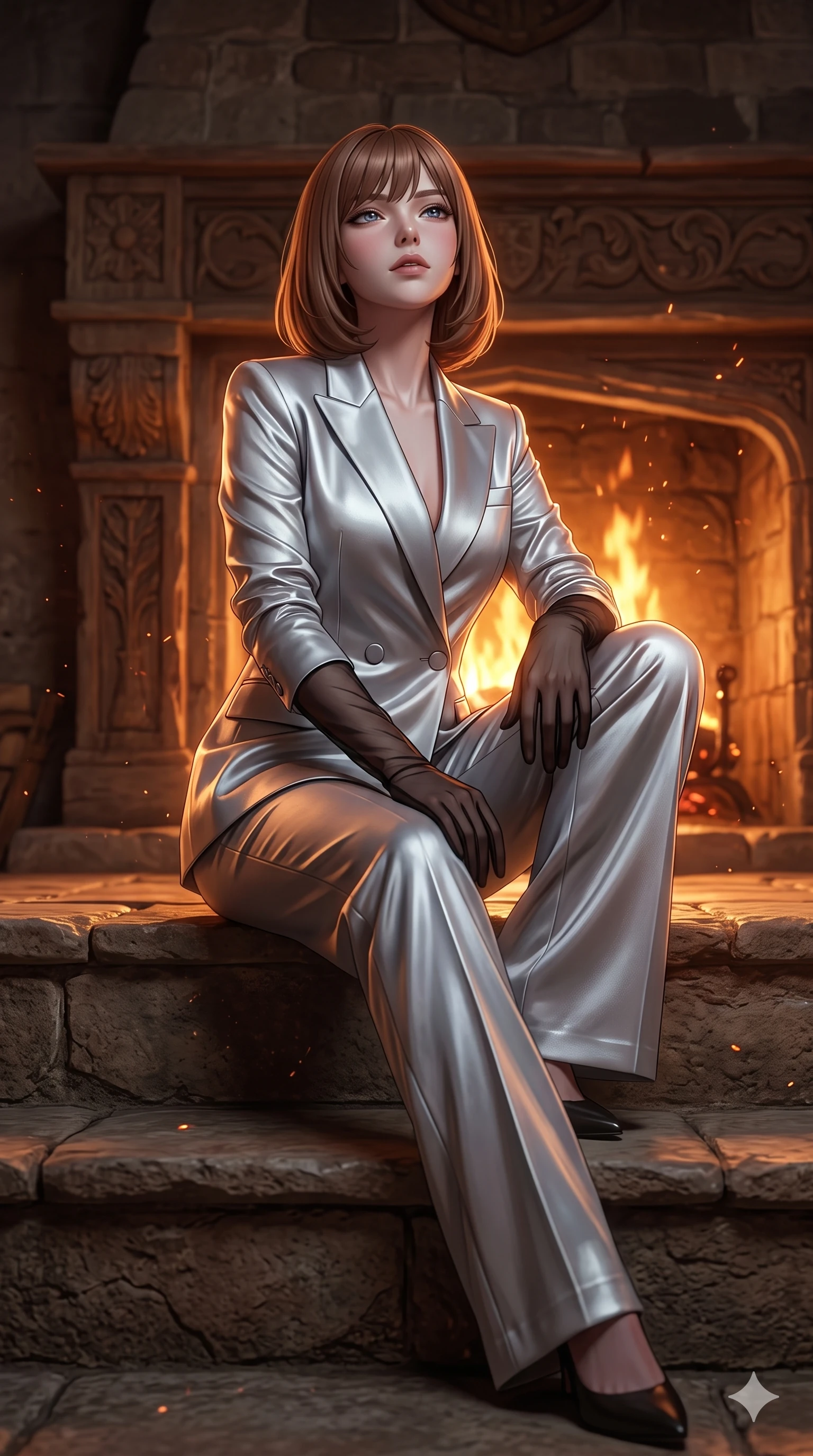 score_9, masterpiece, best quality, ultra-detailed, high-budget anime keyframe, semi-realistic 3D game render, editorial fashion photography, tasteful artistic composition, Caucasian woman. low angle full-body shot from head to toe showing her feet, filling the entire 9:16 vertical frame with her statuesque presence, stretching her vertical silhouette. sitting poised on the stone steps with one knee bent, arching her spine with supermodel elegance as she glances upward through thick eyelashes while twisting her slender torso in an alluring contrapposto stance, flickering amber firelight wrapping around her flat midriff and hourglass curves. The surrounding environment is rendered in vivid detail and crisp panoramic clarity: sharp rough-hewn stone fireplace masonry, glowing embers and flame tongues, and carved medieval timber details in deep focus. She has an exceptionally tall and slender model-like 8.5-heads proportion, an ultra-slim waist, a flat toned midriff, narrow delicate ribcage, and beautifully sculpted feminine hips creating a graceful, slim hourglass silhouette without any bulky heaviness, with impossibly long slender legs. sharp v-shaped jawline, high-bridge nose, intricate jewel-like eyes with depth, thick eyelashes, glossy parted lips with a natural sheen, intensely captivating and seductive bedroom-eyes expression, flawlessly proportioned anatomical accuracy, strict slender model proportions, natural body alignment, perfectly sculpted long slender limbs, ultra-slim waistline, clean dynamic posture without body distortion. wearing a bespoke tailored satin pantsuit with a double-breasted structured blazer and pressed wide-leg trousers in liquid mercury silver and pearl shimmer, woven from structured carbon-fiber jacquard with rich textural depth, complemented by sheer opera-length evening gloves tracing her slender arms, the bespoke structured tailoring following the natural line of her 8.5-heads silhouette with refined elegance. illuminated by dynamic warm 2000K roaring firelight casting deep sculpted shadows and radiant amber rim lights across her body. highly saturated vibrant anime colors, detailed shading with soft gradients, rich glossy textures, high-contrast stereoscopic depth, volumetric dynamic lighting, master piece, 9:16 ratio