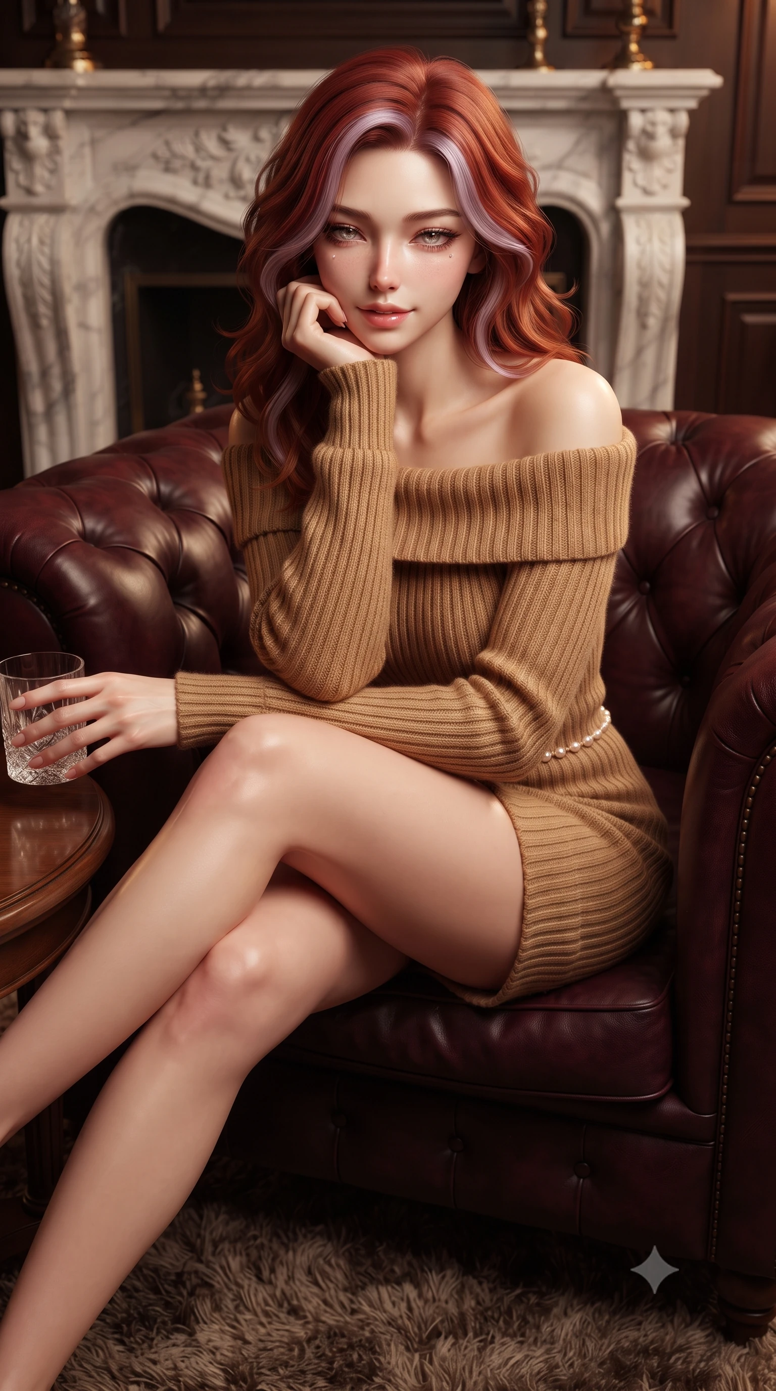 score_9, masterpiece, best quality, ultra-detailed, high-budget anime keyframe, editorial fashion photography, tasteful artistic composition, Caucasian woman. close-up cowboy shot from the waist and thighs up, the character dominates the composition, filling the frame with her large presence. resting one elbow on the table and supporting her chin, leaning close to the camera with heavy-lidded sparkling eyes and parted lips while relaxing comfortably in a deep tufted burgundy Chesterfield armchair with legs crossed, holding a crystal glass with a knowing smile. The surrounding environment is rendered in vivid detail and crisp panoramic clarity: sharp carved Carrara marble fireplace mantel relief, diamond-tufted leather button creases, and hand-knotted wool rug pile in deep focus. She has an exceptionally elegant, slender, and willowy female figure with an ultra-slim waist, flat toned midriff, narrow ribcage, and sculpted feminine hips creating an alluring, slim hourglass silhouette without bulk. sharp v-shaped jawline, high-bridge nose, intricate jewel-like sparkling eyes with depth, thick eyelashes, glossy parted lips with a natural peach sheen, bright cheerful beaming smile with an enchanting and coquettish sensual glint, exuding both youthful cute charm and seductive allure, flawlessly proportioned anatomical accuracy, strict slender model proportions, natural body alignment, perfectly sculpted long slender limbs, ultra-slim waistline, clean dynamic posture without body distortion. wearing a snug off-the-shoulder thick ribbed knit sweater dress in warm camel clinging to her hourglass contours in Kyoto autumn maple crimson and deep ink black, crafted from liquid-tight stretch cashmere knit clinging flawlessly to every curve with silky softness, accented with a dainty pearl waist chain catching the ambient sunlight across her sculpted waistline, the liquid-tight tailored fabric clinging flawlessly to her narrow waist and rounded feminine hips, emphasizing every millimeter of her sculpted slim hourglass curves without any bulky heaviness. illuminated by dark wood paneling reflection bounce and warm amber rim lights sculpting her cheekbones, waistline, and slender posture. ultra-reflective glossy finish, specular highlights, rich textural contrasts, high-contrast stereoscopic depth, volumetric dynamic lighting, 2k, ultra detail, master piece, 9:16 ratio