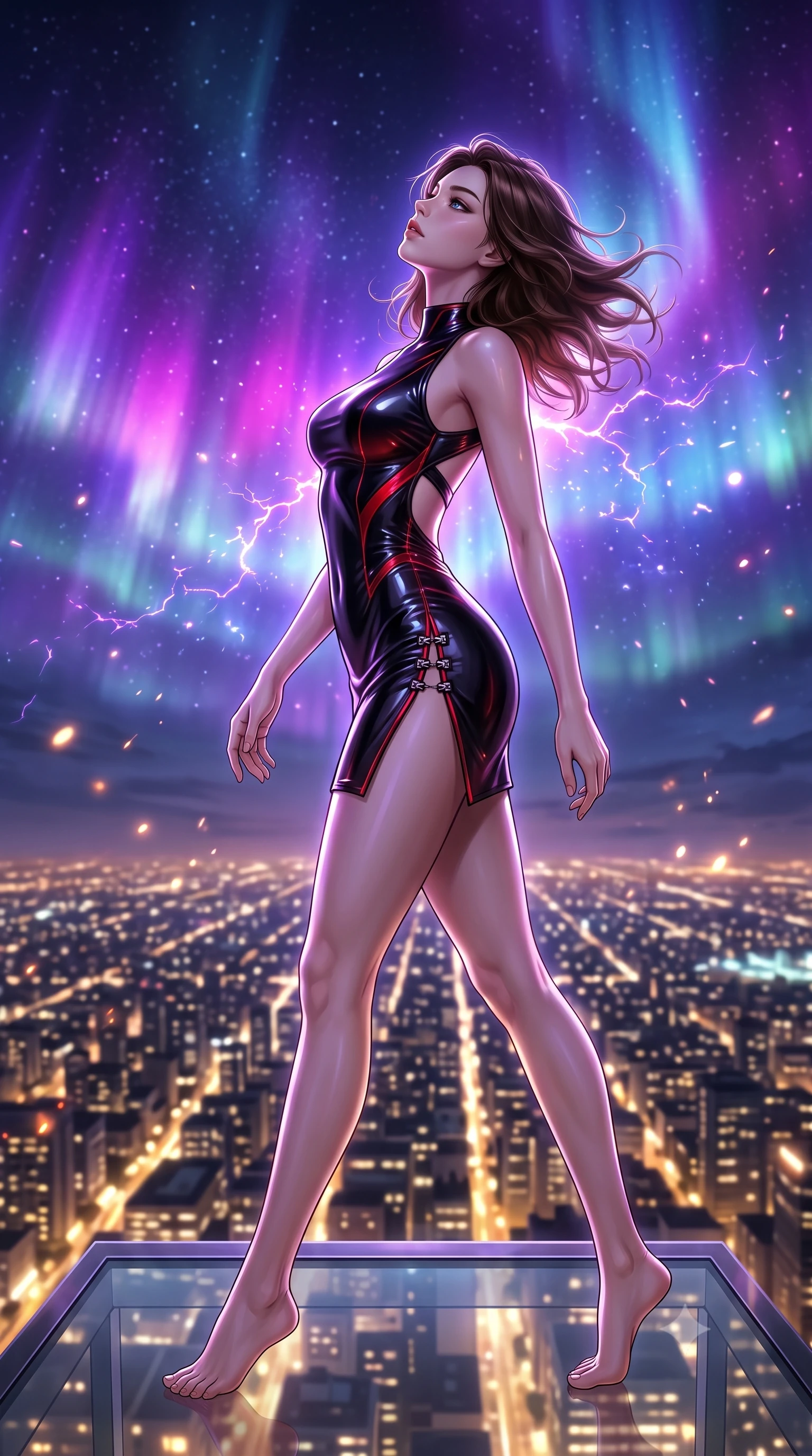 score_9, masterpiece, best quality, ultra-detailed, high-budget anime keyframe, semi-realistic 3D game render, editorial fashion photography, tasteful artistic composition, Korean woman. low angle full-body shot from head to toe showing her feet, filling the entire 9:16 vertical frame with her statuesque presence, stretching her vertical silhouette. striding forward with commanding supermodel grace, her 8.5-heads statuesque silhouette dominating the vertical frame from head to toe while arching her spine in a fluid stretch under the vast cosmic aurora with endless city light grids stretching below. The composition keeps background elements in soft focus with creamy bokeh. crackling plasma sparks scattering subtle glowing light motes across a dark nocturnal backdrop. She has an absolutely perfect, statuesque 8.5-heads proportion, an exceptionally tall and slender model-like female figure with impossibly long slender legs, a toned flat midriff, and an ultra-slim waist. sharp v-shaped jawline, high-bridge nose, intricate jewel-like eyes with depth, thick eyelashes, glossy lips with a natural sheen, flawlessly proportioned anatomical accuracy, strict slender model proportions, natural body alignment, perfectly sculpted long slender limbs, ultra-slim waistline, clean dynamic posture without body distortion. wearing a high-gloss lacquer cyber-couture mini dress with an open-back architectural cut and subtle glowing micro-filaments in high-gloss obsidian black and burning laser crimson accents, made of liquid jersey fabric that clings flawlessly to every contour of her build, finished with an ultra-high side slit secured by miniature magnetic clasps, the liquid-tight tailored fabric emphasizing every curve of her tall, slender model proportions and sculptured silhouette during dynamic movement. bathed in vivid violet and electric magenta plasma aurora backlighting with golden city ground bounce. rich saturated anime colors with glowing neon highlights, detailed shading with soft gradients, rich glossy textures, high-contrast stereoscopic depth, volumetric dynamic lighting, master piece, 9:16 ratio