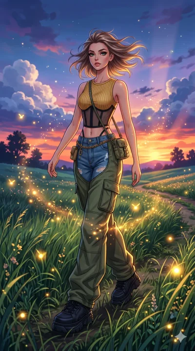 score_9, masterpiece, best quality, ultra-detailed, High-budget Anime Keyframe, beautiful Caucasian anime girl (strictly human ears). Dynamic full-body shot stretching the vertical silhouette with her statuesque presence. Walking through a field of t