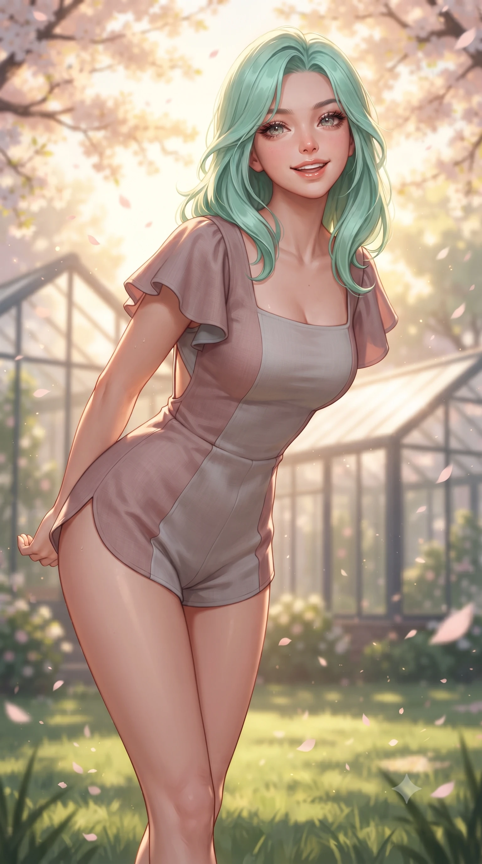 score_9, masterpiece, best quality, ultra-detailed, high-budget anime keyframe, editorial fashion photography, tasteful artistic composition, Japanese woman. close-up cowboy shot from the waist and thighs up, the character dominates the composition, filling the frame with her large presence. resting both hands lightly behind her back while leaning toward the lens with a cheerful, teasing grin, her form-fitting outfit hugging her narrow waist and feminine hip curve while walking barefoot along the soft green grass, twisting her slender torso in an alluring contrapposto stance with a joyful, beaming expression. The composition keeps background elements in soft focus with dreamy creamy bokeh. modern glass greenhouse pavilions and drifting petals softened in romantic spring shallow focus. She has an exceptionally elegant, slender, and willowy female figure with an ultra-slim waist, flat toned midriff, narrow ribcage, and sculpted feminine hips creating an alluring, slim hourglass silhouette without bulk. sharp v-shaped jawline, high-bridge nose, intricate jewel-like sparkling eyes with depth, thick eyelashes, glossy parted lips with a natural peach sheen, bright cheerful beaming smile with an enchanting and coquettish sensual glint, exuding both youthful cute charm and seductive allure, flawlessly proportioned anatomical accuracy, strict slender model proportions, natural body alignment, perfectly sculpted long slender limbs, ultra-slim waistline, clean dynamic posture without body distortion. wearing a second-skin stretch cotton camisole romper with high-cut leg openings and an open back in dusty rose and soft dove grey, crafted from soft breathable linen with effortless natural drape, featuring elegant flutter sleeves and a graceful square neckline, the glove-like silhouette tightly following the natural contour of her hips and long slender legs with youthful 8.5-heads elegance. bathed in warm, golden spring morning sunlight streaming through flowering tree canopies. ultra-reflective glossy finish, specular highlights, rich textural contrasts, high-contrast stereoscopic depth, volumetric dynamic lighting, 2k, ultra detail, master piece, 9:16 ratio