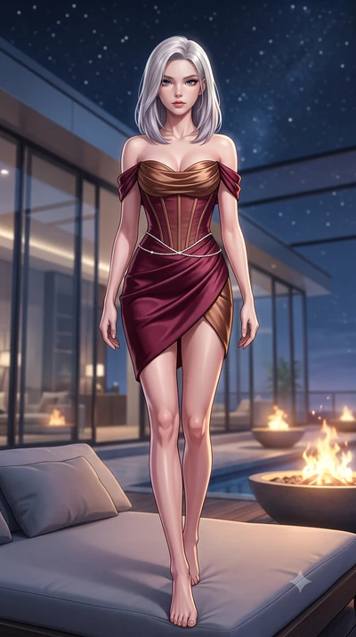 score_9, masterpiece, best quality, ultra-detailed, high-budget anime keyframe, semi-realistic 3D game render, editorial fashion photography, tasteful artistic composition, Caucasian woman. low angle full-body shot from head to toe showing her feet, 
