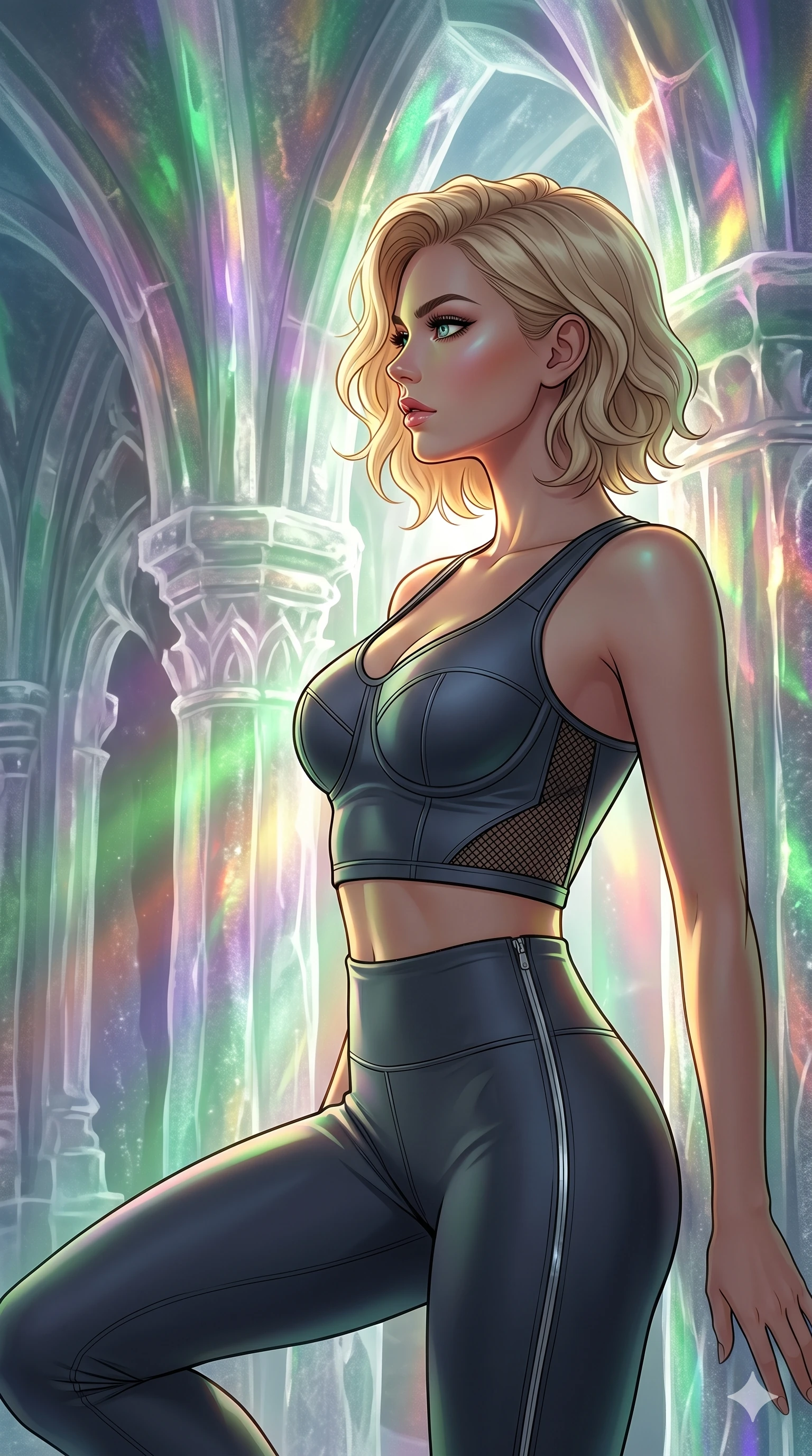 score_9, masterpiece, best quality, ultra-detailed, high-budget anime keyframe, editorial fashion photography, tasteful artistic composition, Caucasian woman, strictly human ears. cowboy shot from the thighs up, character and outfit filling the frame for maximum editorial presence. Turning her face in sharp dramatic profile against the light inside a cathedral carved from pure glacier ice with refracted rainbow light pouring through every surface. She has an absolutely perfect 8-heads proportion, an exceptionally tall and slender female figure with impossibly long slender legs and an ultra-slim waist. V-shaped jawline, high-bridge nose, intricate jewel-like eyes with depth, thick eyelashes, glossy lips with a natural sheen. wearing a high-performance fitted crop sports top in deep chrome grey with sculpted structured cups and a bold graphic mesh insert at the sides, paired with matching high-waist compression leggings with side chrome zip details. illuminated by a shifting aurora palette of green, violet, and gold from above, wrapping her in color. 2k, ultra detail, master piece, 9:16 ratio