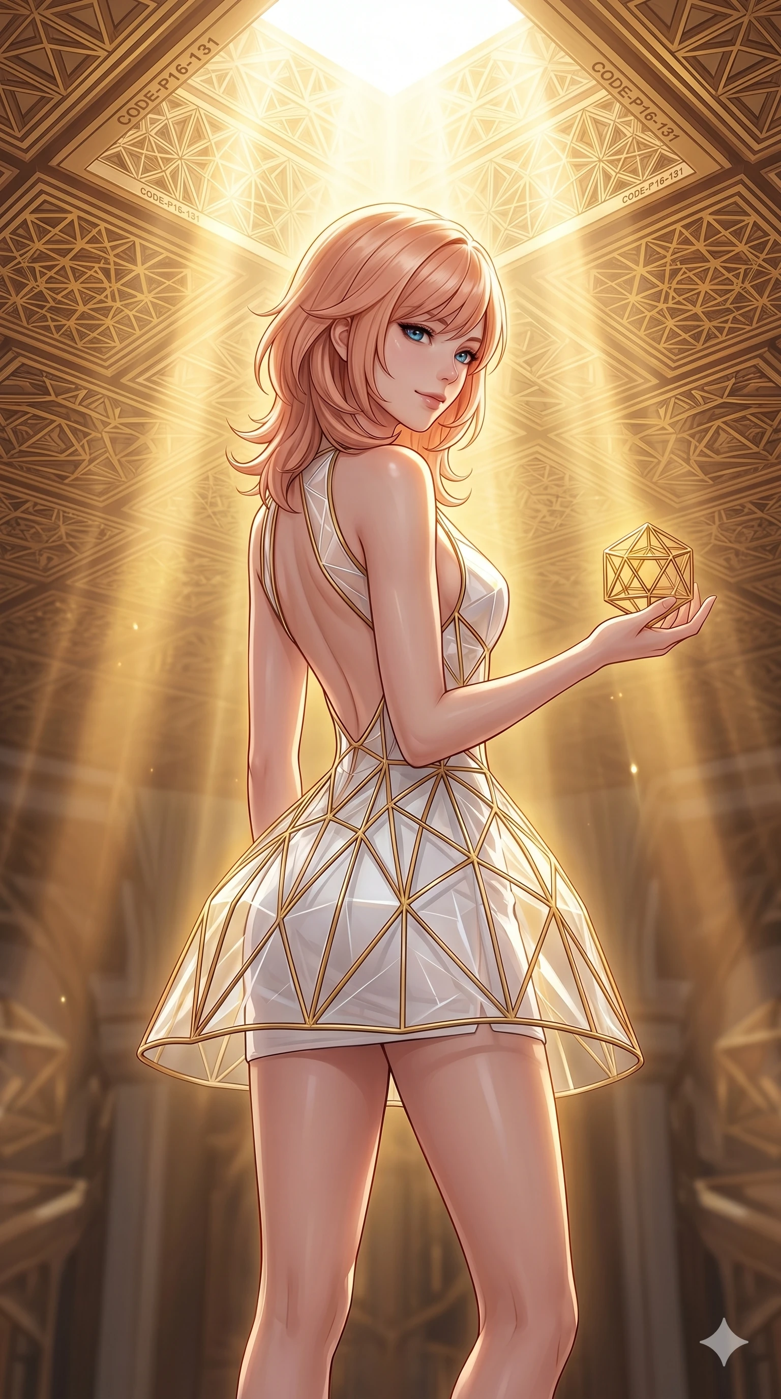 score_9, masterpiece, best quality, ultra-detailed, high-budget anime keyframe, editorial fashion photography, tasteful artistic composition, Japanese woman. cowboy shot from the thighs up, character and outfit filling the frame for maximum editorial presence. holding a small golden polyhedron, looking down with a serene and powerful smile inside a mathematical temple with golden geometric ceiling patterns (Code-P16-131). She has an absolutely perfect 8-heads proportion, an exceptionally tall and slender female figure with impossibly long slender legs and an ultra-slim waist. V-shaped jawline, high-bridge nose, intricate jewel-like eyes with depth, thick eyelashes, glossy lips with a natural sheen. wearing a crystalline structured white mini-dress with gold wire frames and open back. brilliant golden rays from the ceiling, creating a warm glowing aura on her silhouette. 2k, ultra detail, master piece, 9:16 ratio