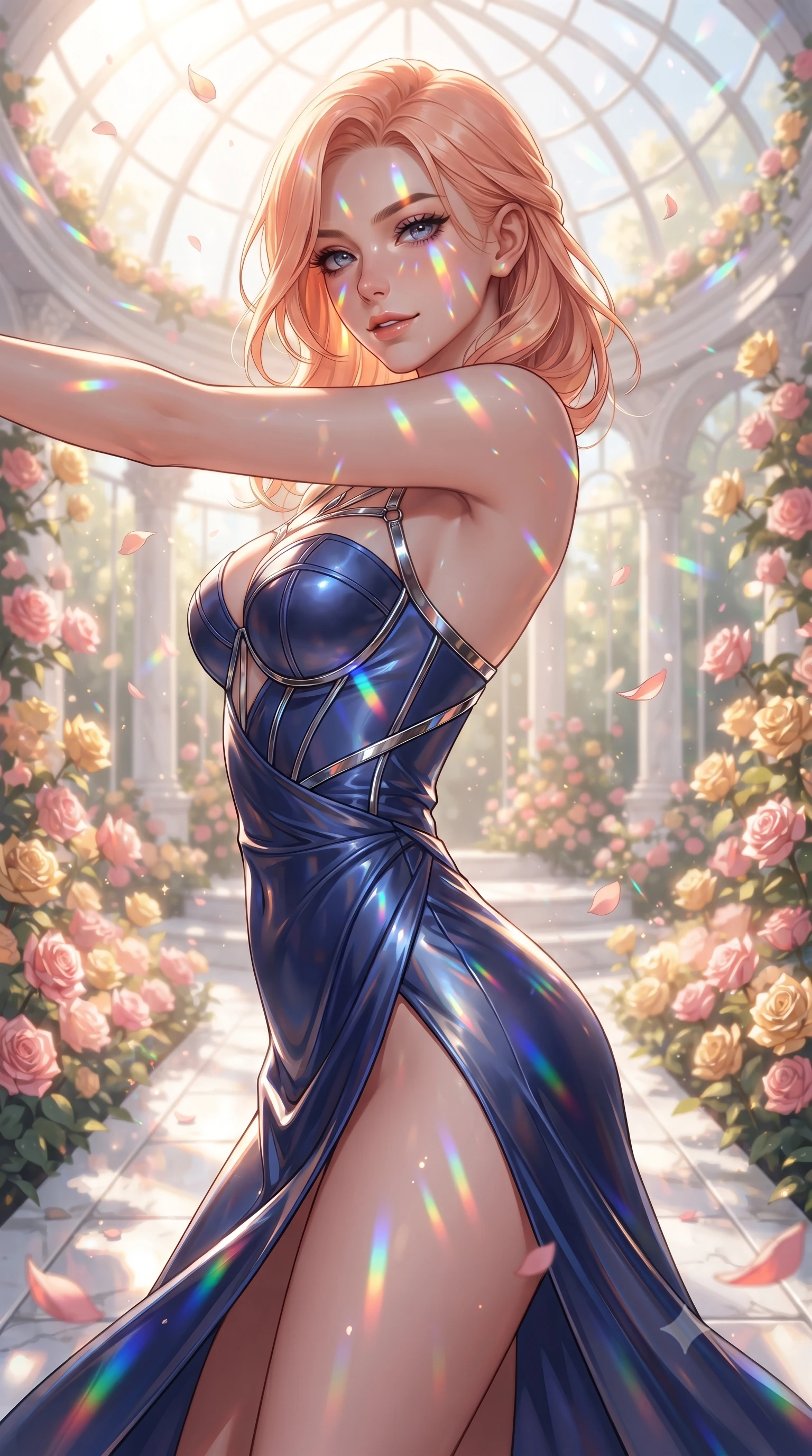 score_9, masterpiece, best quality, ultra-detailed, high-budget anime keyframe, editorial fashion photography, tasteful artistic composition, Japanese woman. close-up cowboy shot from the waist and thighs up, the character dominates the composition, filling the frame with her large presence. stretching forward with an alluring arch of her spine, glancing over her shoulder with thick eyelashes and a smoldering half-smile while pivoting dynamically along a white marble aisle lined with fragrant pink and golden roses catching brilliant sunlight. The composition keeps background elements in soft focus with creamy bokeh. sunlit glasshouse dome arches and floating flower petals softened in dreamy shallow depth of field. She has an exceptionally elegant, slender, and willowy female figure with an ultra-slim waist, a gracefully sculpted slender torso, toned flat midriff, and a refined slim silhouette. sharp v-shaped jawline, high-bridge nose, intricate jewel-like eyes with depth, thick eyelashes, glossy lips with a natural sheen, flawlessly proportioned anatomical accuracy, strict slender model proportions, natural body alignment, perfectly sculpted long slender limbs, ultra-slim waistline, clean dynamic posture without body distortion. wearing a translucent iridescent organza wrap dress with structured bustier boning, plunging neckline, and high-cut dual leg slits in deep royal navy blue and specular chrome, made of liquid metal jersey that clings flawlessly to every contour of her build, reinforced by a sleek metallic chrome harness and delicate glowing micro-straps, the liquid-tight tailored fabric emphasizing every curve of her tall, slender model proportions and sculptured silhouette during dynamic movement. bathed in brilliant morning sunlight intersected by saturated rainbow crystal prism refractions. ultra-reflective glossy finish, specular highlights, metallic sheen, high-contrast stereoscopic depth, volumetric dynamic lighting, 2k, ultra detail, master piece, 9:16 ratio