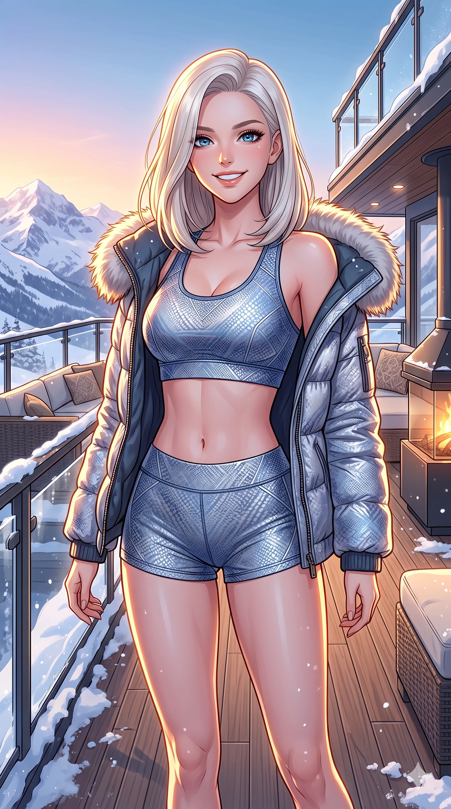 score_9, masterpiece, best quality, ultra-detailed, high-budget anime keyframe, vibrant anime aesthetic, Caucasian woman, strictly human ears. cowboy shot from the thighs up, character and outfit filling the frame for maximum presence. She is posing with a joyful, energetic smile, looking directly into the lens in snow on an open-air luxury bus deck under a clear winter sky (Code-P21-074). She has an absolutely perfect 8-heads proportion, an exceptionally tall and slender female figure with impossibly long slender legs and an ultra-slim waist. V-shaped jawline, high-bridge nose, intricate jewel-like eyes with depth, thick eyelashes, glossy lips with a natural sheen. wearing a skin-tight activewear set with sports bra and micro-shorts in winter cabin. She is intense warm winter rim lights, outlining her 8-heads proportion and V-shaped jawline. 2k, ultra detail, master piece, 9:16 ratio