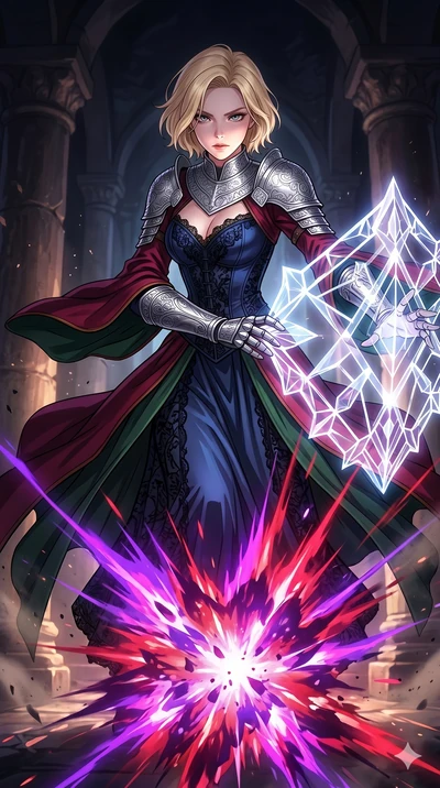 score_9, masterpiece, best quality, ultra-detailed, high-budget anime movie keyframe, cinematic anime lighting, intricate line art, Korean woman. Low angle cowboy shot capturing a powerful motion and statuesque presence. weaving a shield of crystalli
