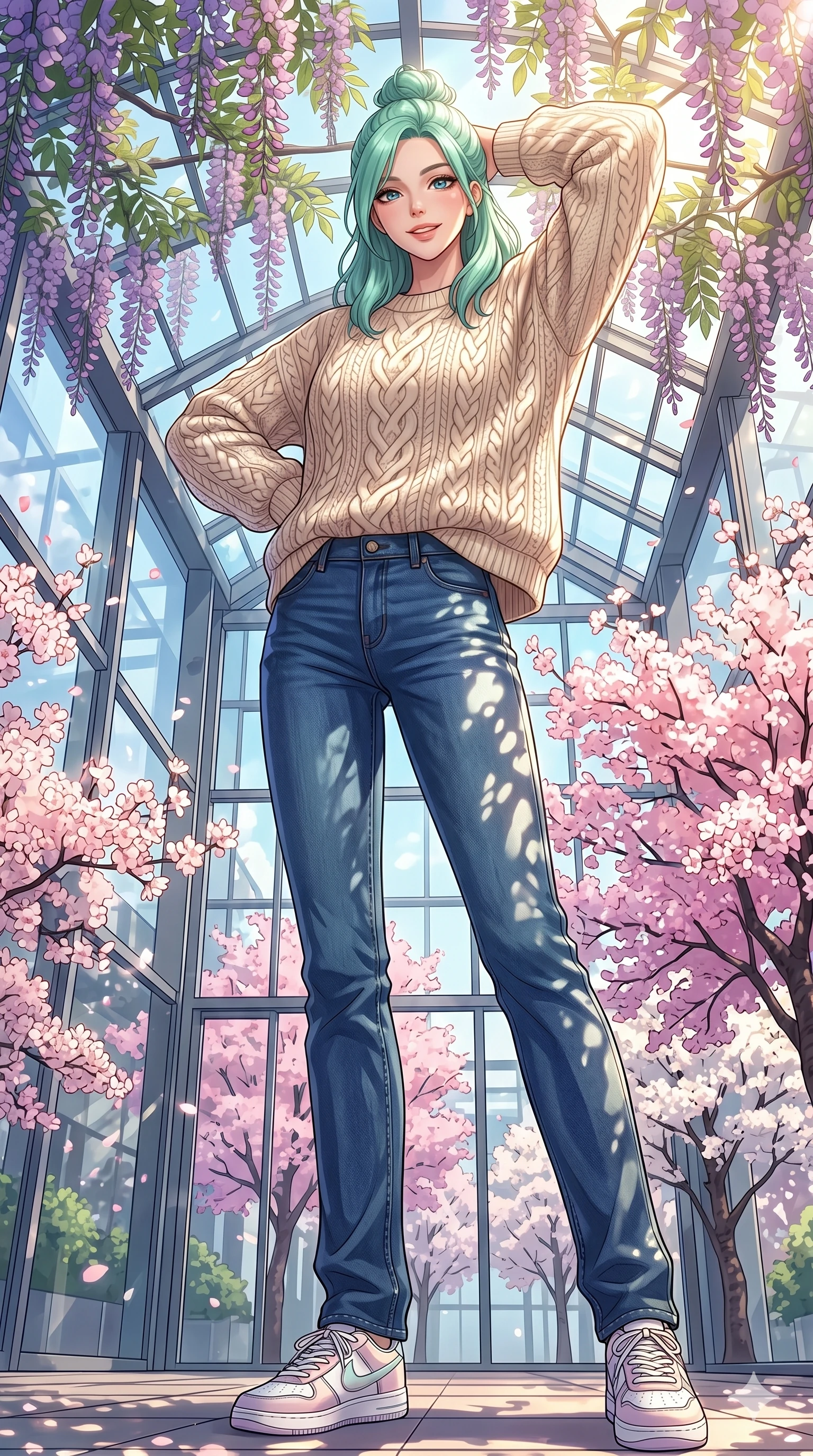 score_9, masterpiece, best quality, ultra-detailed, high-budget anime keyframe, vibrant anime aesthetic, Japanese woman. low angle full-body shot from head to toe showing her feet, filling the entire 9:16 vertical frame with her statuesque presence, stretching her vertical silhouette. She is standing with a confident posture, her face lit up by a warm and lively smile inside a spacious glass atrium filled with blossoming cherry trees and warm sunshine (Code-P20-005). She has an absolutely perfect 8-heads proportion, an exceptionally tall and slender female figure with impossibly long slender legs and an ultra-slim waist. V-shaped jawline, high-bridge nose, intricate jewel-like eyes with depth, thick eyelashes, glossy lips with a natural sheen. wearing a cozy oversized cable-knit sweater paired with straight-leg denim jeans. She is bathed in dappled sunlight filtering through wisteria leaves, creating organic shadows. 2k, ultra detail, master piece, 9:16 ratio