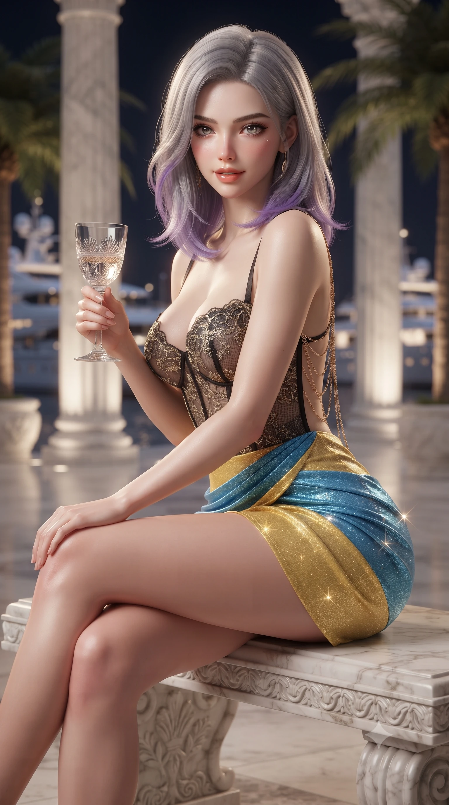 score_9, masterpiece, best quality, ultra-detailed, high-budget anime keyframe, editorial fashion photography, tasteful artistic composition, Caucasian woman. close-up cowboy shot from the waist and thighs up, the character dominates the composition, filling the frame with her large presence. leaning forward while arching her lower back to accentuate her curvy hips, looking into the camera with an intoxicating smoldering gaze and bedroom-eyes while sitting gracefully on the carved marble bench with legs crossed, holding an antique wine glass with effortless aristocratic allure. The background shows a soft-focus towering white Carrara marble fluted columns, exotic indoor palm trees, and Port Hercules superyacht lights outside blurred into marble-white, emerald, and gold bokeh. She has an exceptionally elegant, slender, and willowy female figure with an ultra-slim waist, flat toned midriff, narrow ribcage, and sculpted feminine hips creating an alluring, slim hourglass silhouette without bulk. sharp v-shaped jawline, high-bridge nose, sparkling eyes with hypnotic seductive depth, thick curled eyelashes, glossy parted lips with a natural dewy peach sheen, alluring bedroom-eyes with an enchanting coquettish smile, exuding magnetic siren charisma and sophisticated glamour, flawlessly proportioned anatomical accuracy, strict slender model proportions, natural body alignment, perfectly sculpted long slender limbs, ultra-slim waistline, clean dynamic posture without body distortion. wearing a sculpted underwire demi-bustier in semi-sheer lace paired with an ultra-short draped tulip skirt in Amalfi azure blue and sunlit lemon gold, woven from stretch metallic lurex jersey casting radiant starlight glints across her silhouette, accented with an open-back drape framed by falling strands of delicate gold chains, the liquid-tight tailored fabric clinging flawlessly to her narrow waist and rounded feminine hips, emphasizing every millimeter of her sculpted slim hourglass curves without any bulky heaviness. bathed in soft warm 3000K recessed architectural column downlights mixed with cool harbor ambient fill. ultra-reflective glossy finish, specular highlights, rich textural contrasts, high-contrast stereoscopic depth, volumetric dynamic lighting, 2k, ultra detail, master piece, 9:16 ratio
