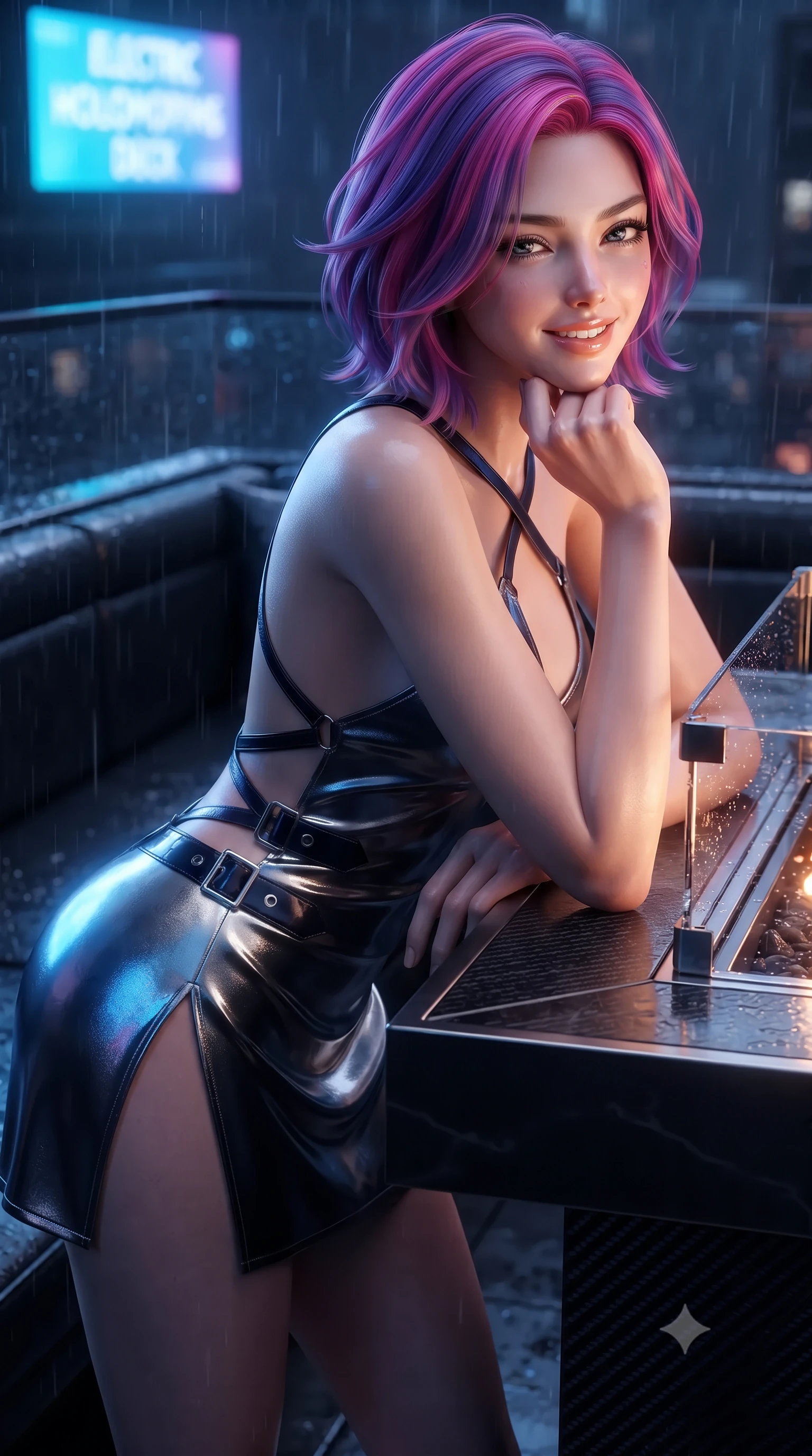 score_9, masterpiece, best quality, ultra-detailed, high-budget anime keyframe, editorial fashion photography, tasteful artistic composition, Caucasian woman. close-up cowboy shot from the waist and thighs up, the character dominates the composition, filling the frame with her large presence. resting one elbow on the table and supporting her chin, leaning close to the camera with heavy-lidded sparkling eyes and parted lips while twisting her slender torso in an alluring contrapposto stance beside the sunken fire table, electric blue billboard reflections dancing across her narrow waist and curvy hips. The surrounding environment is rendered in vivid detail and crisp panoramic clarity: sharp carbon-fiber composite textures, stainless steel deck fasteners, and crisp holographic typography reflected on wet glass in deep focus. She has an exceptionally elegant, slender, and willowy female figure with an ultra-slim waist, flat toned midriff, narrow ribcage, and sculpted feminine hips creating an alluring, slim hourglass silhouette without bulk. sharp v-shaped jawline, high-bridge nose, intricate jewel-like sparkling eyes with depth, thick eyelashes, glossy parted lips with a natural peach sheen, bright cheerful beaming smile with an enchanting and coquettish sensual glint, exuding both youthful cute charm and seductive allure, flawlessly proportioned anatomical accuracy, strict slender model proportions, natural body alignment, perfectly sculpted long slender limbs, ultra-slim waistline, clean dynamic posture without body distortion. wearing a backless liquid foil mini dress with criss-cross spinal straps and daring side slit in liquid mercury chrome and deep midnight obsidian, made of fluid liquid jersey with seamless sculpting hold and smooth contours, finished with sleek magnetic buckle closures fluttering in the breeze, the form-contouring silhouette accentuating her sculpted flat midriff, narrow delicate ribcage, and gracefully curvy hips with intoxicating allure. illuminated by rain-slicked deck bounce and sharp cobalt-blue rim lights sculpting her jawline, narrow waist, and curvy hips. ultra-reflective glossy finish, specular highlights, rich textural contrasts, high-contrast stereoscopic depth, volumetric dynamic lighting, 2k, ultra detail, master piece, 9:16 ratio