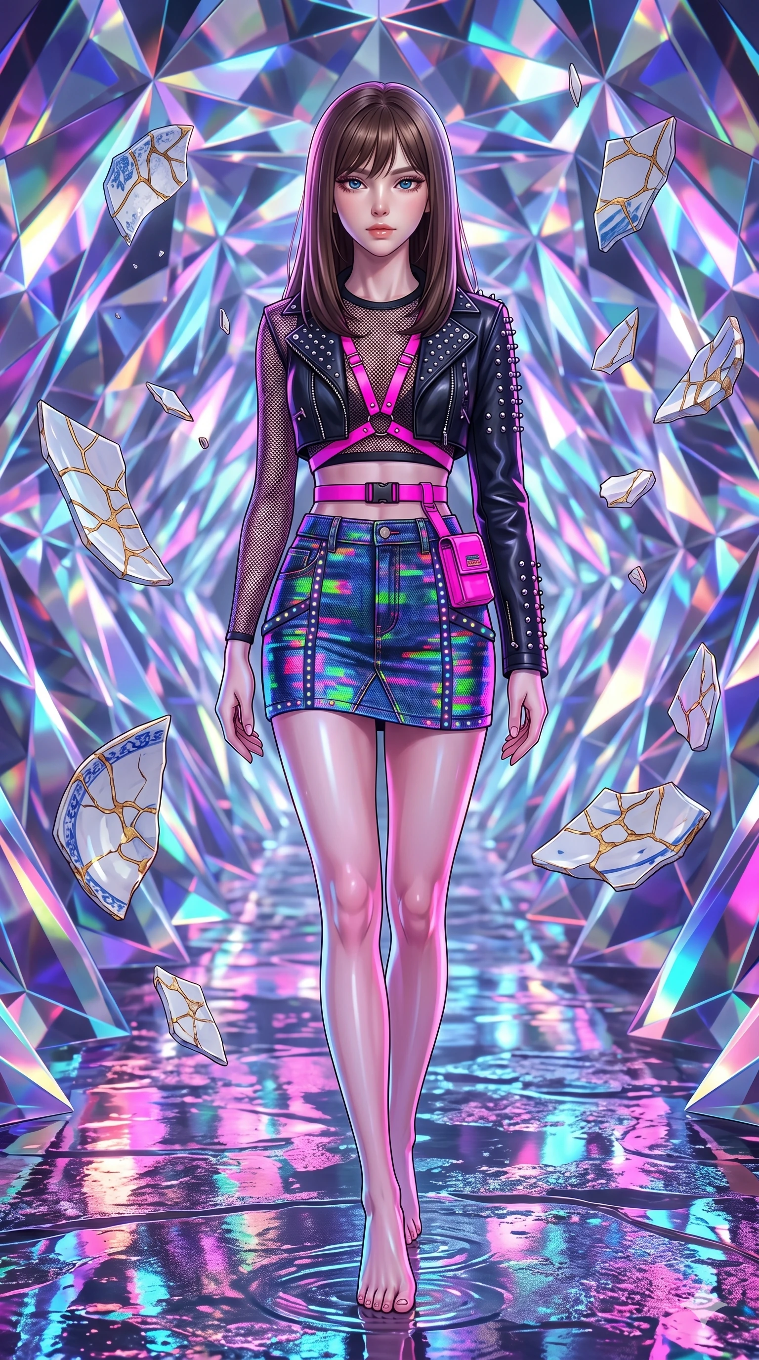 score_9, masterpiece, best quality, ultra-detailed, high-budget anime keyframe, editorial fashion photography, tasteful artistic composition, Korean woman. upper body close-up from the thighs up, character filling the screen for maximum presence. stepping gracefully onto through a kaleidoscope tunnel made of shifting diamond prisms as shards of porcelain and gold kintsugi float in suspension. She has an absolutely perfect 8-heads proportion, an exceptionally tall and slender female figure with impossibly long slender legs and an ultra-slim waist. V-shaped jawline, high-bridge nose, intricate jewel-like eyes with depth, thick eyelashes, glossy lips with a natural sheen.. wearing a glitch denim and studded leather outfit, featuring an RGB glitch pattern denim structured mini-skirt, a single-sleeve cropped leather jacket, and neon pink harness straps. illuminated by the brilliant neon reflections bouncing off wet surfaces, emphasizing her skin tone. 2k, ultra detail, master piece, 9:16 ratio