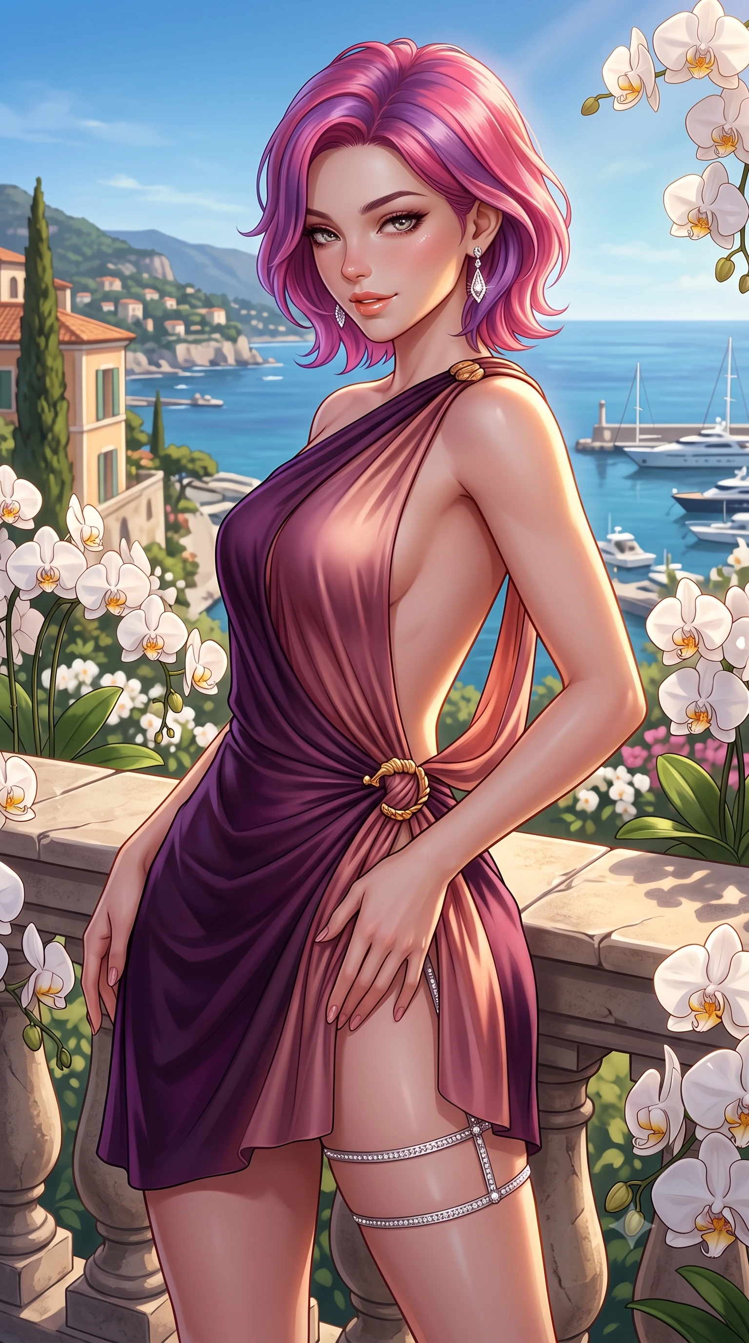 score_9, masterpiece, best quality, ultra-detailed, high-budget anime keyframe, semi-realistic 3D game render, editorial fashion photography, tasteful artistic composition, Caucasian woman. close-up cowboy shot from the waist and thighs up, the character dominates the composition, filling the frame with her large presence. tilting her head with a teasing half-smile, running one hand slowly down the side of her hip in a flirtatious S-curve as ambient light caresses her silhouette while leaning against the stone parapet surrounded by blooming white orchids with hips cocked back, casting a smoldering glance toward the harbor. The surrounding environment is rendered in vivid detail and crisp panoramic clarity: detailed form-contouring velvet bodycon dress cling, diamond drop earrings sparkle, and Riviera landscape architecture in high resolution. She has an exceptionally elegant, slender, and willowy female figure with an ultra-slim waist, flat toned midriff, narrow ribcage, and sculpted feminine hips creating an alluring, slim hourglass silhouette without bulk. sharp v-shaped jawline, high-bridge nose, sparkling eyes with hypnotic seductive depth, thick curled eyelashes, glossy parted lips with a natural dewy peach sheen, alluring bedroom-eyes with an enchanting coquettish smile, exuding magnetic siren charisma and sophisticated glamour, flawlessly proportioned anatomical accuracy, strict slender model proportions, natural body alignment, perfectly sculpted long slender limbs, ultra-slim waistline, clean dynamic posture without body distortion. wearing a draped Greek-goddess style silk chiffon mini toga dress with an open back and golden hip fibula in deep plum violet and rose gold, woven from buttery-soft stretch lambskin leather adhering to her body like a second skin, finished with delicate crystal-encrusted thigh garter straps glinting in the dim light, the second-skin tailored fabric adhering flawlessly to her sculpted flat midriff and slender torso, emphasizing her long leg lines and perfectly proportioned willowy build. illuminated by terrace flagstone reflection fill and sharp golden-amber rim lights sculpting her razor-sharp jawline, narrow waist, and curvy hips. highly saturated vibrant anime colors, detailed shading with soft gradients, rich glossy textures, high-contrast stereoscopic depth, volumetric dynamic lighting, master piece, 9:16 ratio