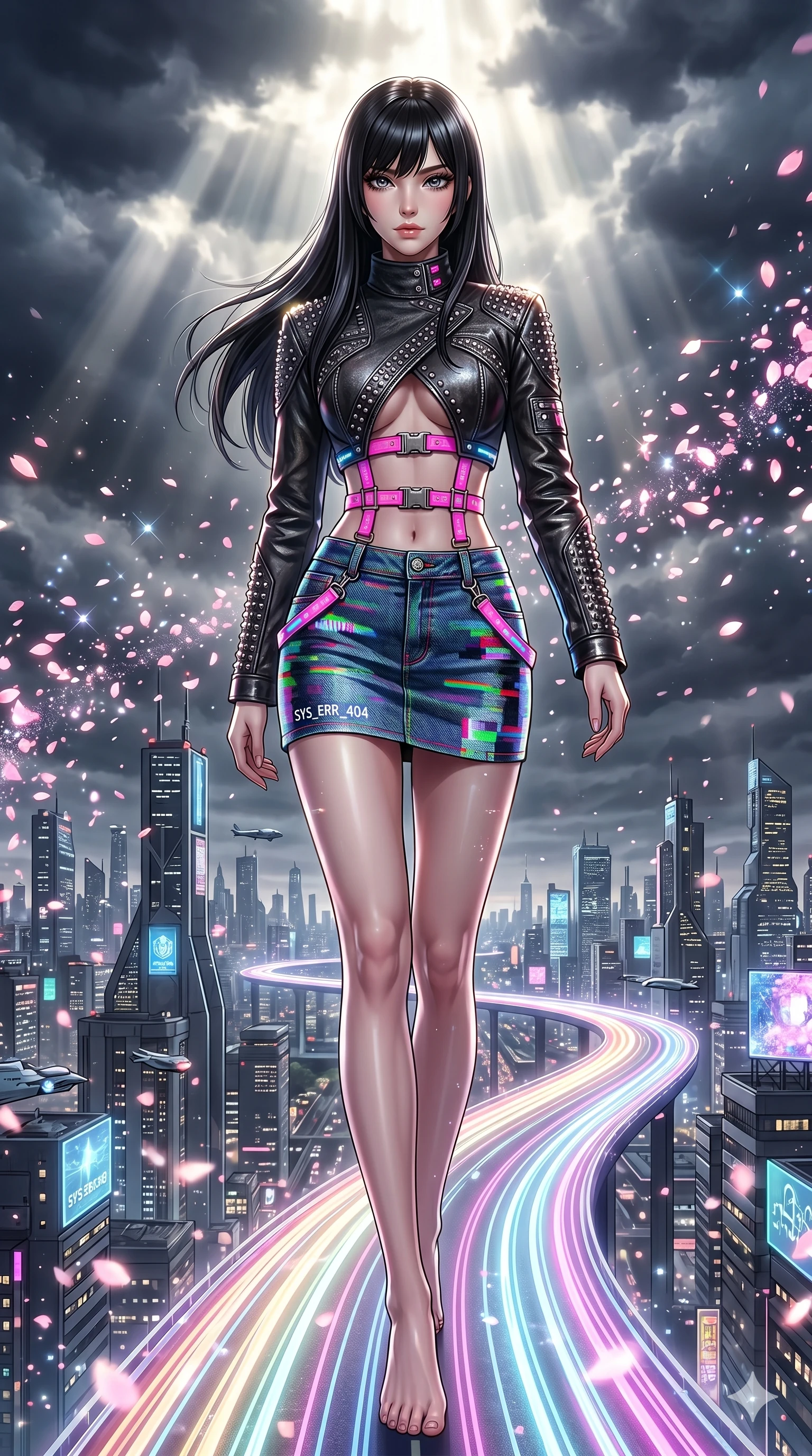 score_9, masterpiece, best quality, ultra-detailed, high-budget anime keyframe, editorial fashion photography, tasteful artistic composition, Caucasian woman, strictly human ears. upper body close-up from the thighs up, character filling the screen for maximum presence. stepping dynamically on on a levitating highway made of pure light bands above a futuristic metropolis as digital sakura petals blizzard and sparkle around her. She has an absolutely perfect 8-heads proportion, an exceptionally tall and slender female figure with impossibly long slender legs and an ultra-slim waist. V-shaped jawline, high-bridge nose, intricate jewel-like eyes with depth, thick eyelashes, glossy lips with a natural sheen.. wearing a glitch denim and studded leather outfit, featuring an RGB glitch pattern denim structured mini-skirt, a single-sleeve cropped leather jacket, and neon pink harness straps. bathed in dramatic god rays filtering through clouds with high specular highlights along her silhouette. 2k, ultra detail, master piece, 9:16 ratio