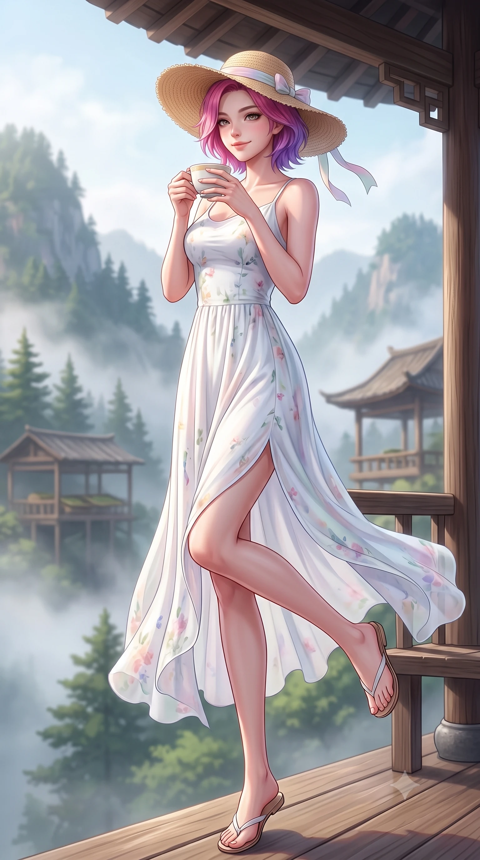 score_9, masterpiece, best quality, ultra-detailed, high-budget anime keyframe, semi-realistic 3D game render, editorial fashion photography, tasteful artistic composition, Caucasian woman. low angle full-body shot from head to toe showing her feet, filling the entire 9:16 vertical frame with her statuesque presence, stretching her vertical silhouette. standing poised on one leg with a playful hop and joyful expression, her long legs and slender figure highlighted against the landscape while pausing at a traditional wooden gazebo on a misty ridge, holding a warm porcelain cup with a serene, sweet smile. The composition keeps background elements in soft focus with creamy bokeh. distant pine-covered mountain peaks and rustic tea drying pavilions softened in atmospheric depth. She has an absolutely perfect, statuesque 8.5-heads proportion, an exceptionally tall and slender model-like female figure with impossibly long slender legs, a toned flat midriff, and an ultra-slim waist. sharp v-shaped jawline, high-bridge nose, intricate jewel-like eyes with depth, thick eyelashes, glossy lips with a natural sheen, pure and lovely fresh girlhood expression, flawlessly proportioned anatomical accuracy, strict slender model proportions, natural body alignment, perfectly sculpted long slender limbs, ultra-slim waistline, clean dynamic posture without body distortion. wearing a flowy silk-chiffon maxi dress with a gentle side slit and fluttering hemline in fresh alpine white with subtle pastel floral accents, made of fine lightweight chiffon with a soft fluid drape, paired with a wide-brim woven straw hat tied with a pastel ribbon, the relaxed yet flattering fit accentuating her naturally graceful and slender figure, highlighting her youthful charm and lovely silhouette. surrounded by a peaceful, pristine, and deeply refreshing morning goddess aura. highly saturated vibrant anime colors, detailed shading with soft gradients, rich glossy textures, high-contrast stereoscopic depth, volumetric dynamic lighting, master piece, 9:16 ratio