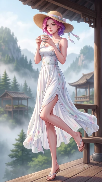 score_9, masterpiece, best quality, ultra-detailed, high-budget anime keyframe, semi-realistic 3D game render, editorial fashion photography, tasteful artistic composition, Caucasian woman. low angle full-body shot from head to toe showing her feet, 
