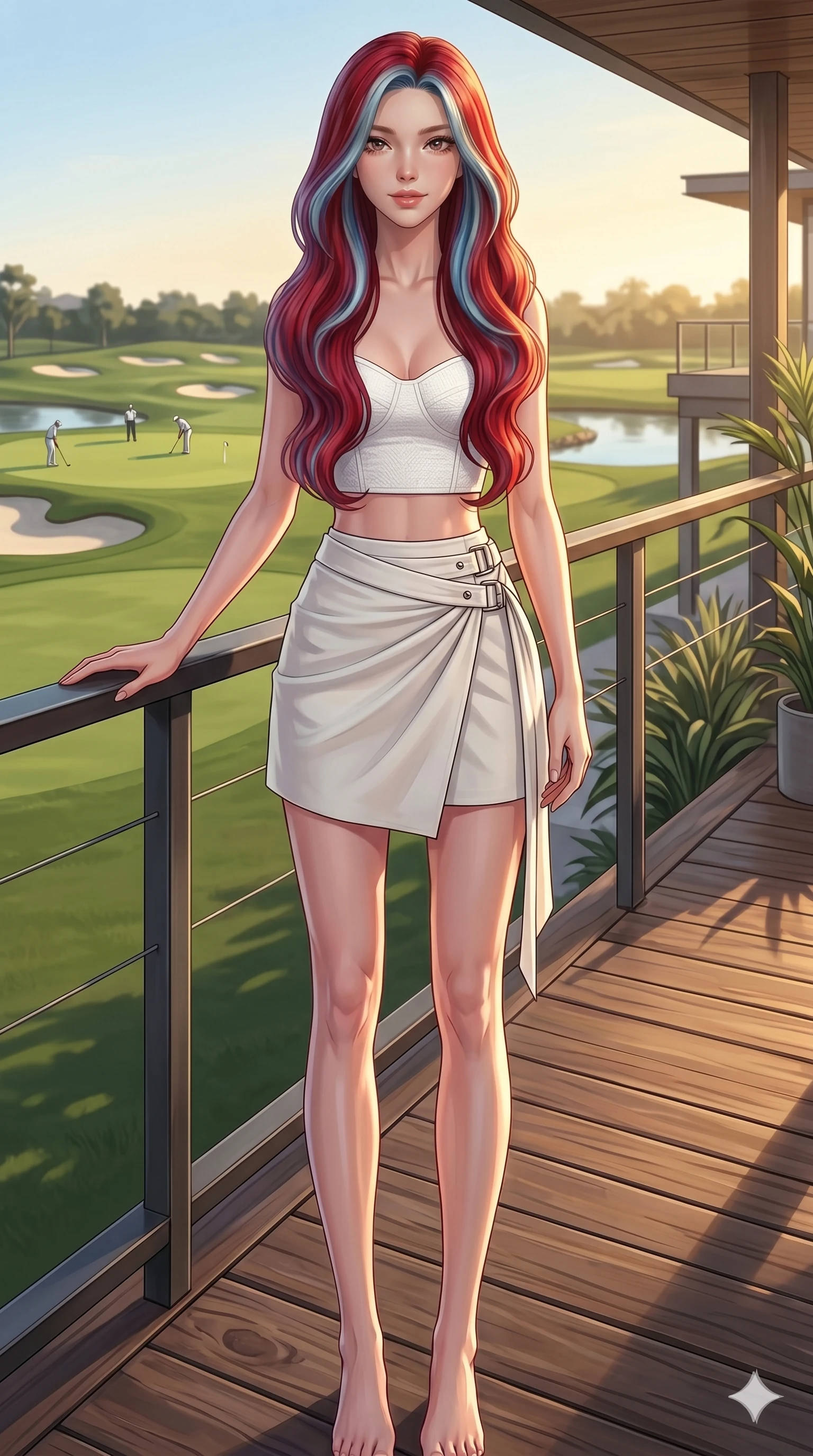 score_9, masterpiece, best quality, ultra-detailed, high-budget anime keyframe, editorial fashion photography, tasteful artistic composition, Caucasian woman, strictly human ears. cowboy shot from the thighs up, character and outfit filling the frame for maximum editorial presence. posing with bright, confident self-assurance, one hand on the railing standing on a wooden deck overlooking a modern golf course. She has an absolutely perfect 8-heads proportion, an exceptionally tall and slender female figure with impossibly long slender legs and an ultra-slim waist. V-shaped jawline, high-bridge nose, intricate jewel-like eyes with depth, thick eyelashes, glossy lips with a natural sheen. wearing a structured white crop top and high-waisted wrap skirt with metallic buckle details. bathed in warm afternoon sunbeams casting long, soft shadows over the deck. 2k, ultra detail, master piece, 9:16 ratio